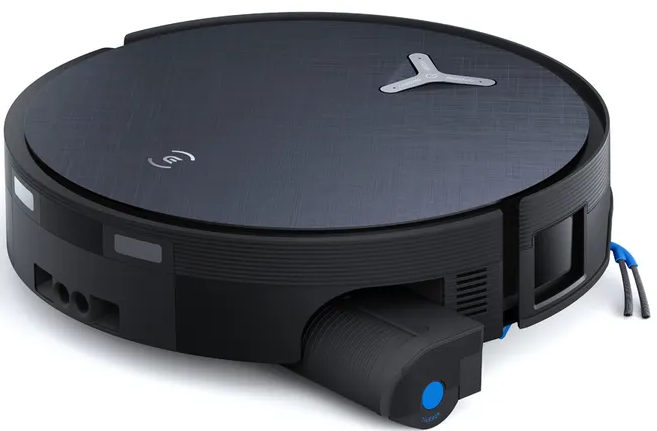 Un robot aspirapolvere nero con pulsante blu e logo argento su sfondo bianco.