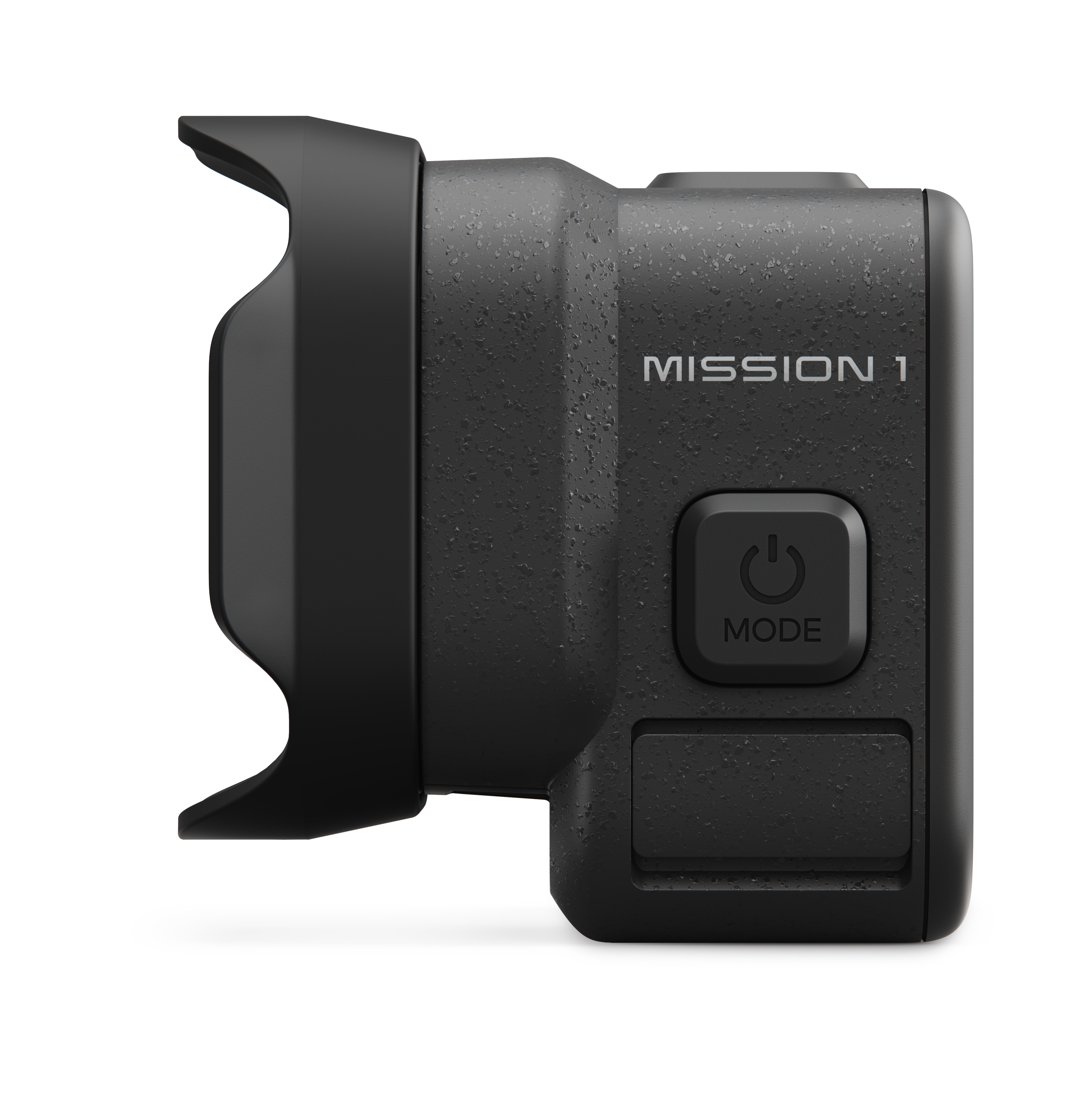 Czarna kamera z mocowaniem obiektywu i napisem "MISSION 1".