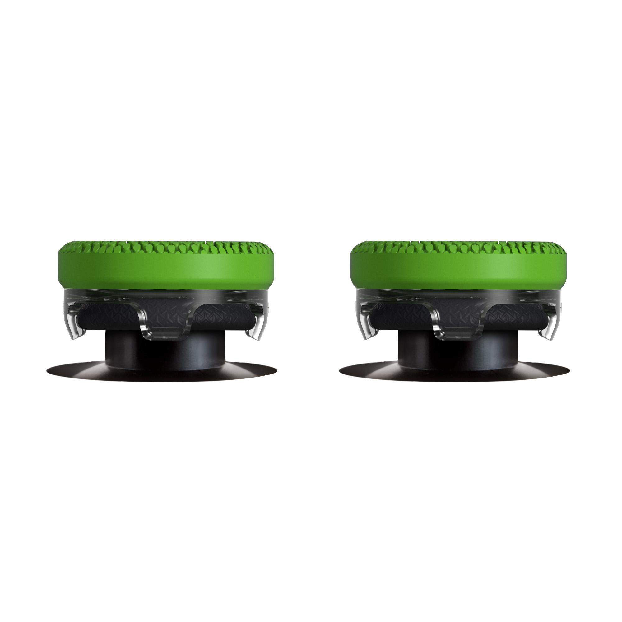 Zwei grüne und schwarze Gaming-Thumb-Grips auf weißem Hintergrund.