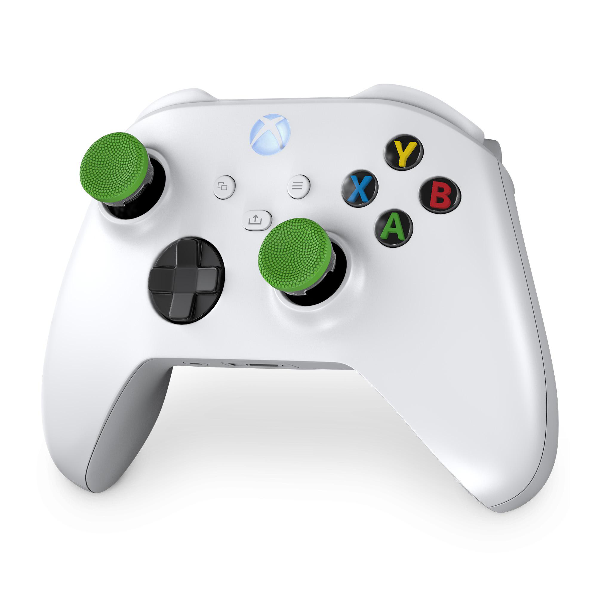 Ein weißer Xbox-Controller mit grünen Daumenstick-Aufsätzen und farbigen Tasten.