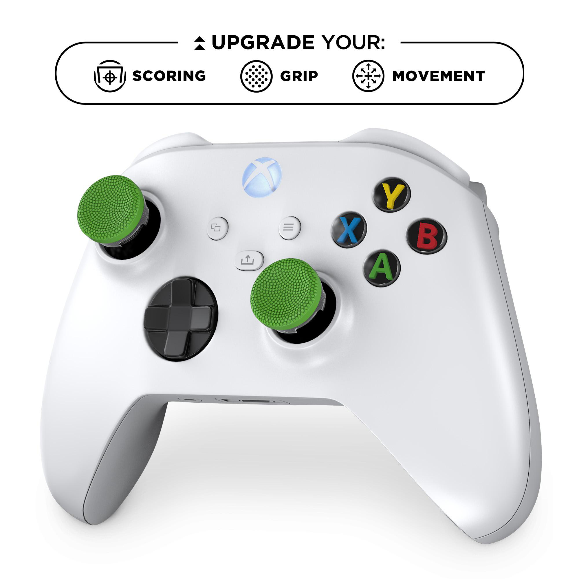 Ein weißer Xbox-Controller mit grünen Daumenstick-Aufsätzen und Text, der zum Aufrüsten auffordert.