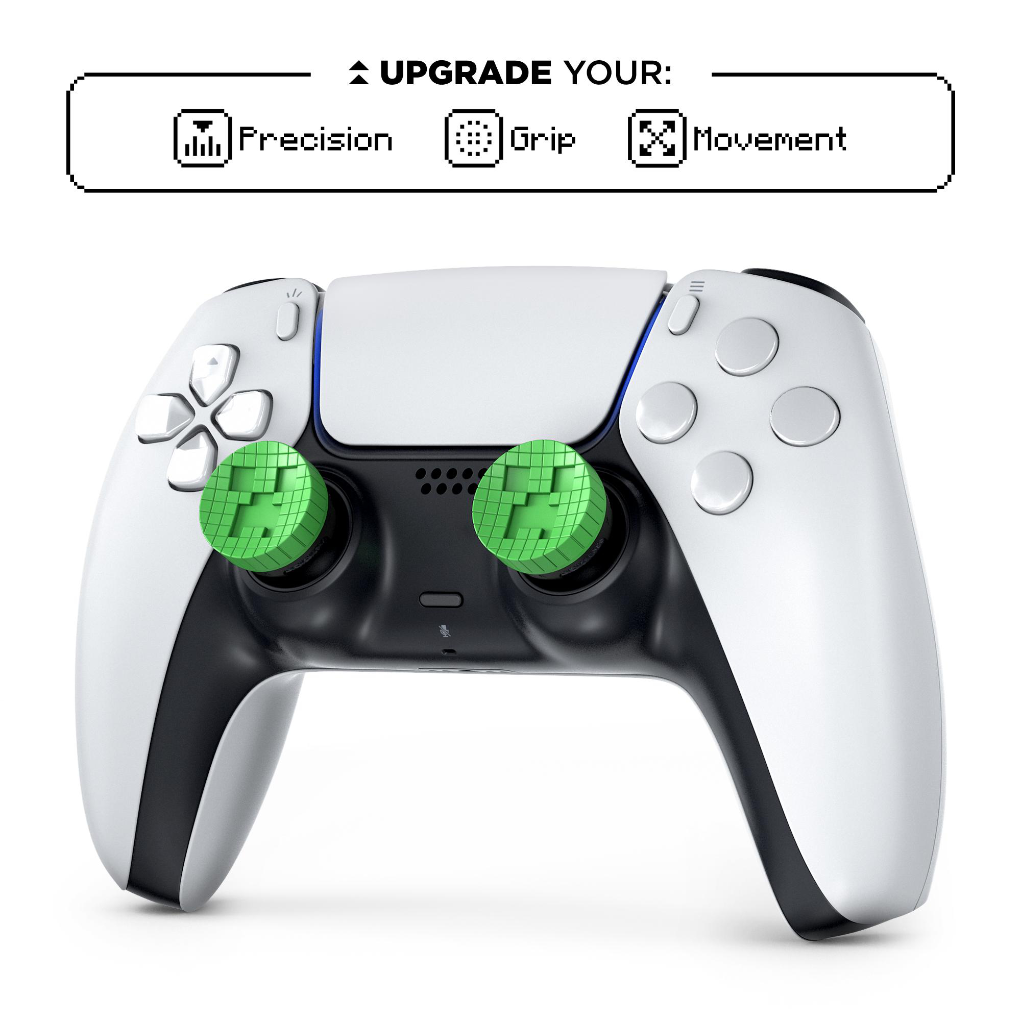 Ein weißer Controller mit grünen Thumb Grips im Minecraft-Stil.
