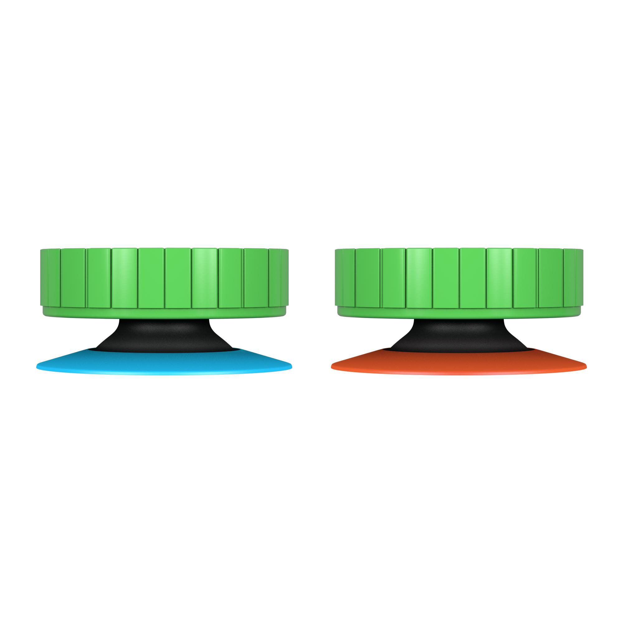 Zwei grüne Objekte mit blauem und orangefarbenem Saugnapf, weißer Hintergrund.
