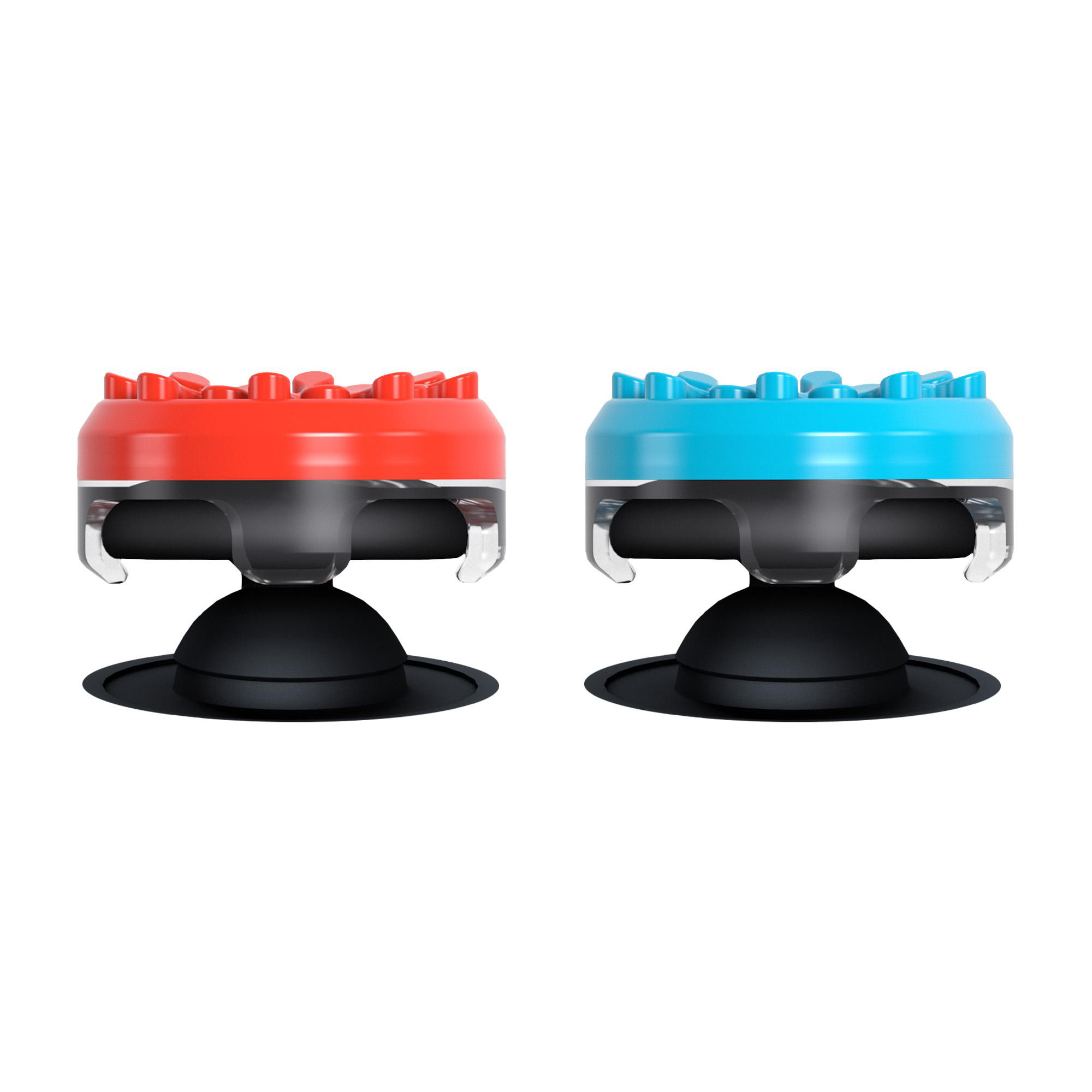 Zwei Controller-Thumbsticks, rot und blau, mit schwarzer Basis auf weißem Hintergrund.
