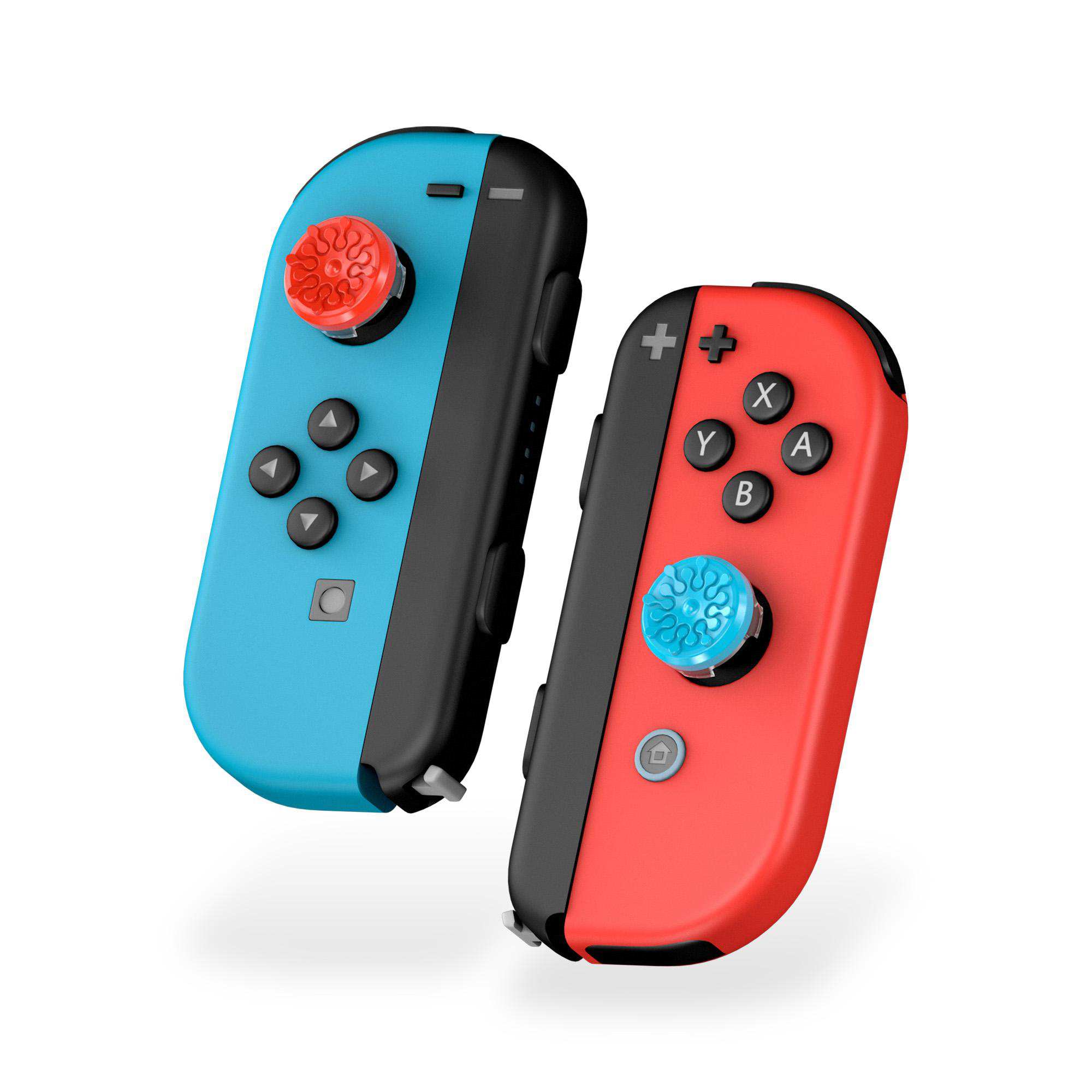 Zwei Nintendo Switch Joy-Con-Controller, einer blau, einer rot, mit roten und blauen Thumb-Grips.