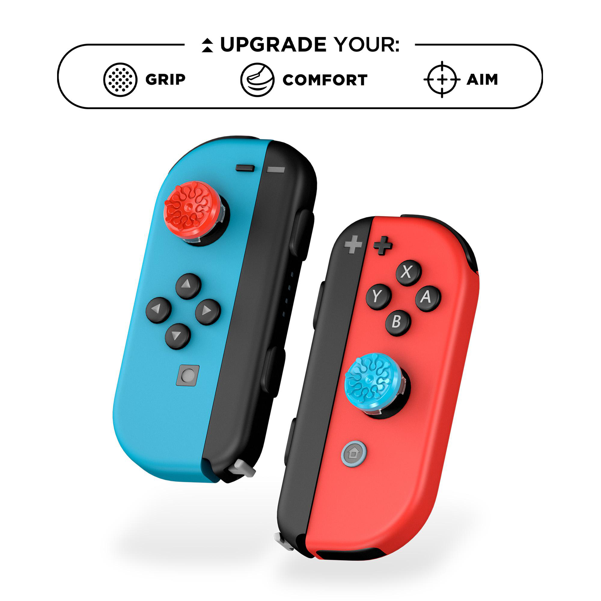 Zwei Nintendo Switch Joy-Con Controller, rot und blau, mit weißen Icons für Grip, Komfort und Ziel.