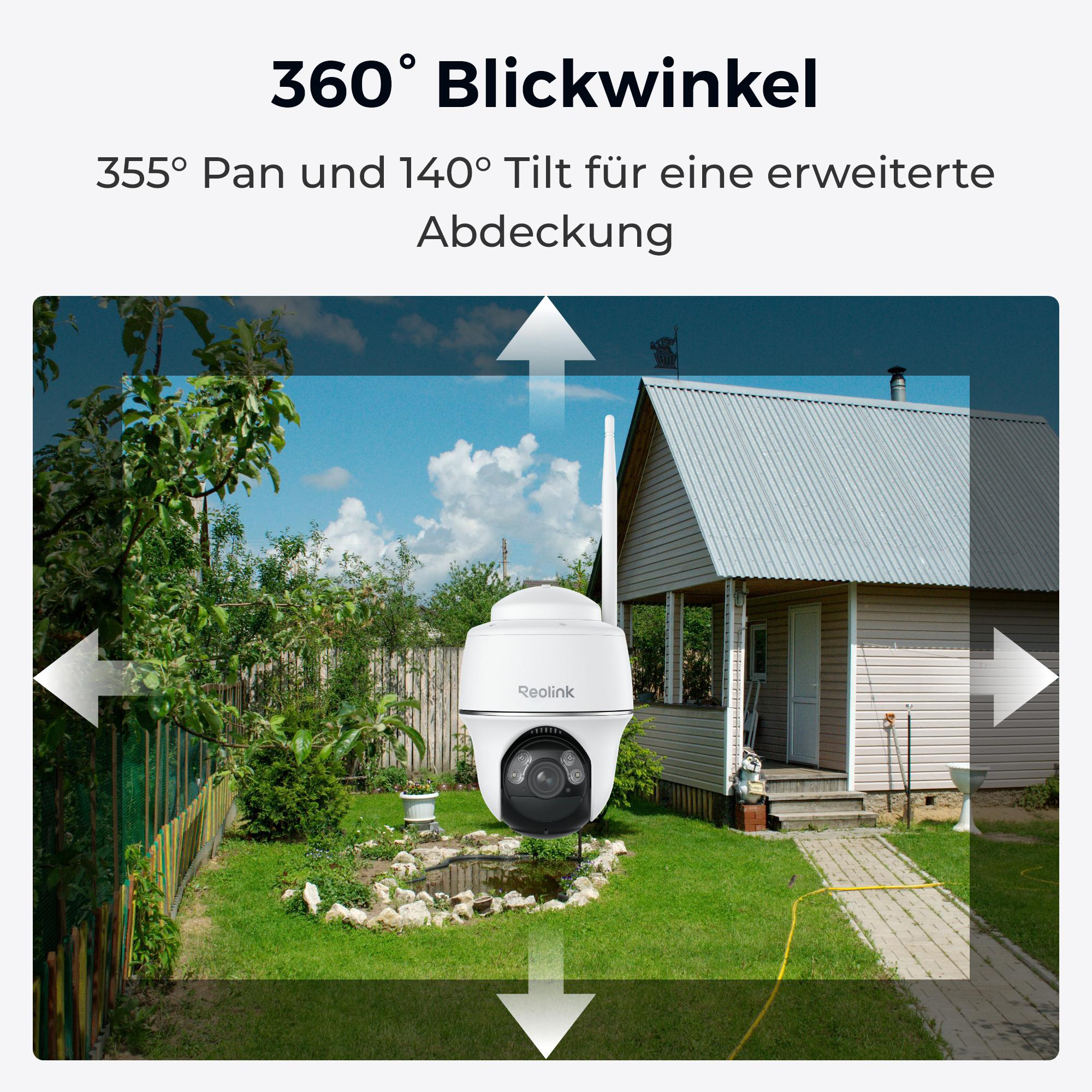 Eine weiße Überwachungskamera steht im Garten vor einem Haus.