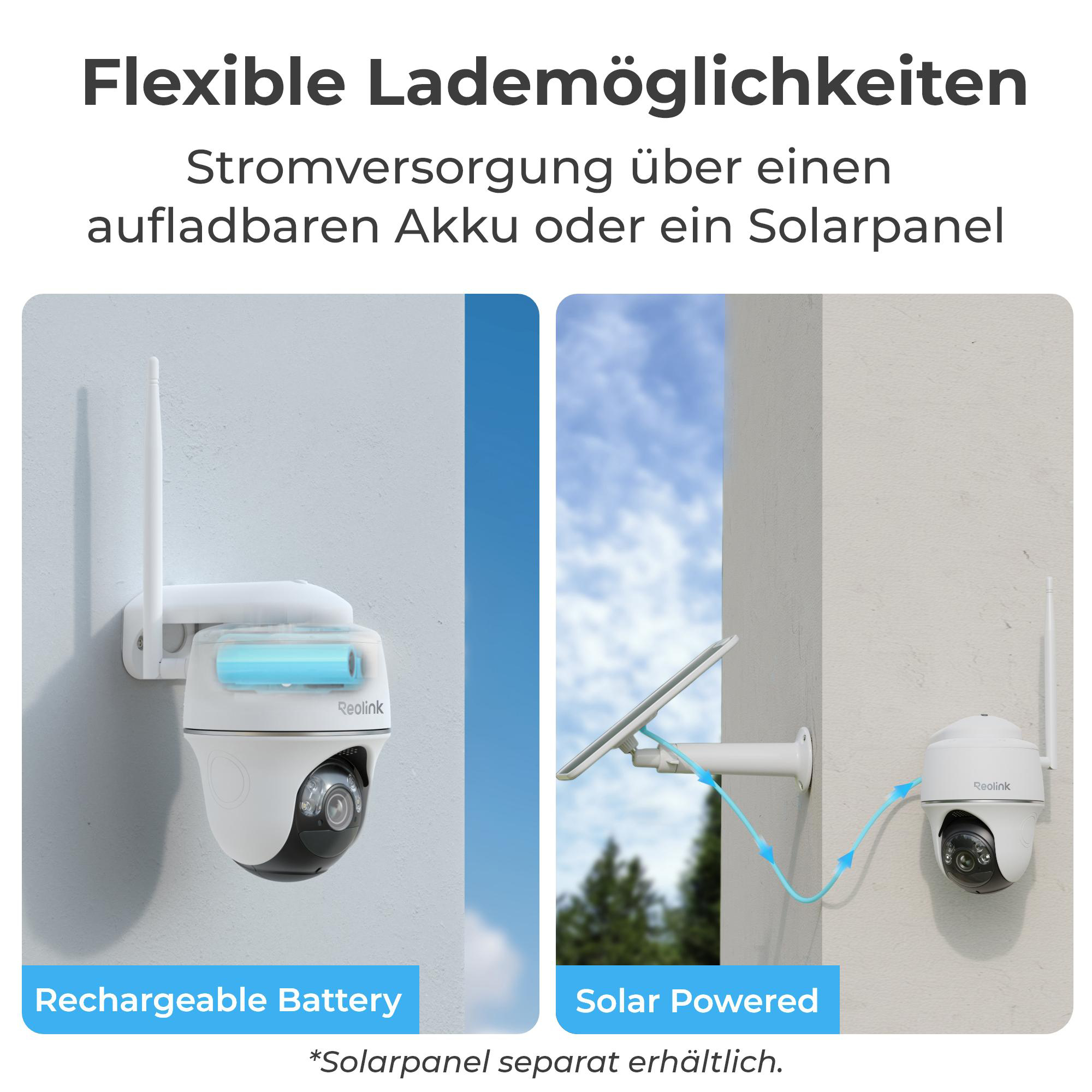 Überwachungskamera mit Akku oder Solarpanel-Option.