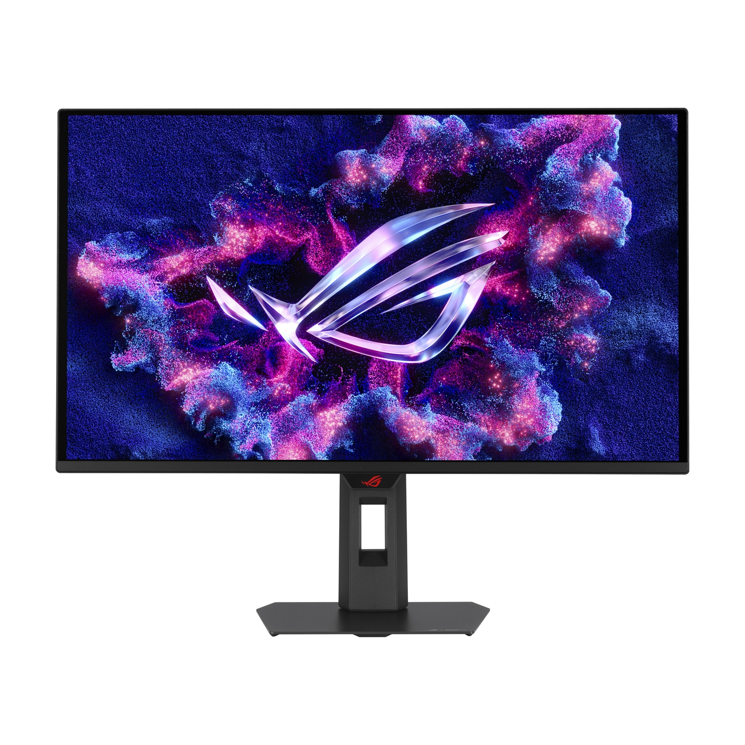 Un monitor da gaming con logo su sfondo astratto viola e blu.