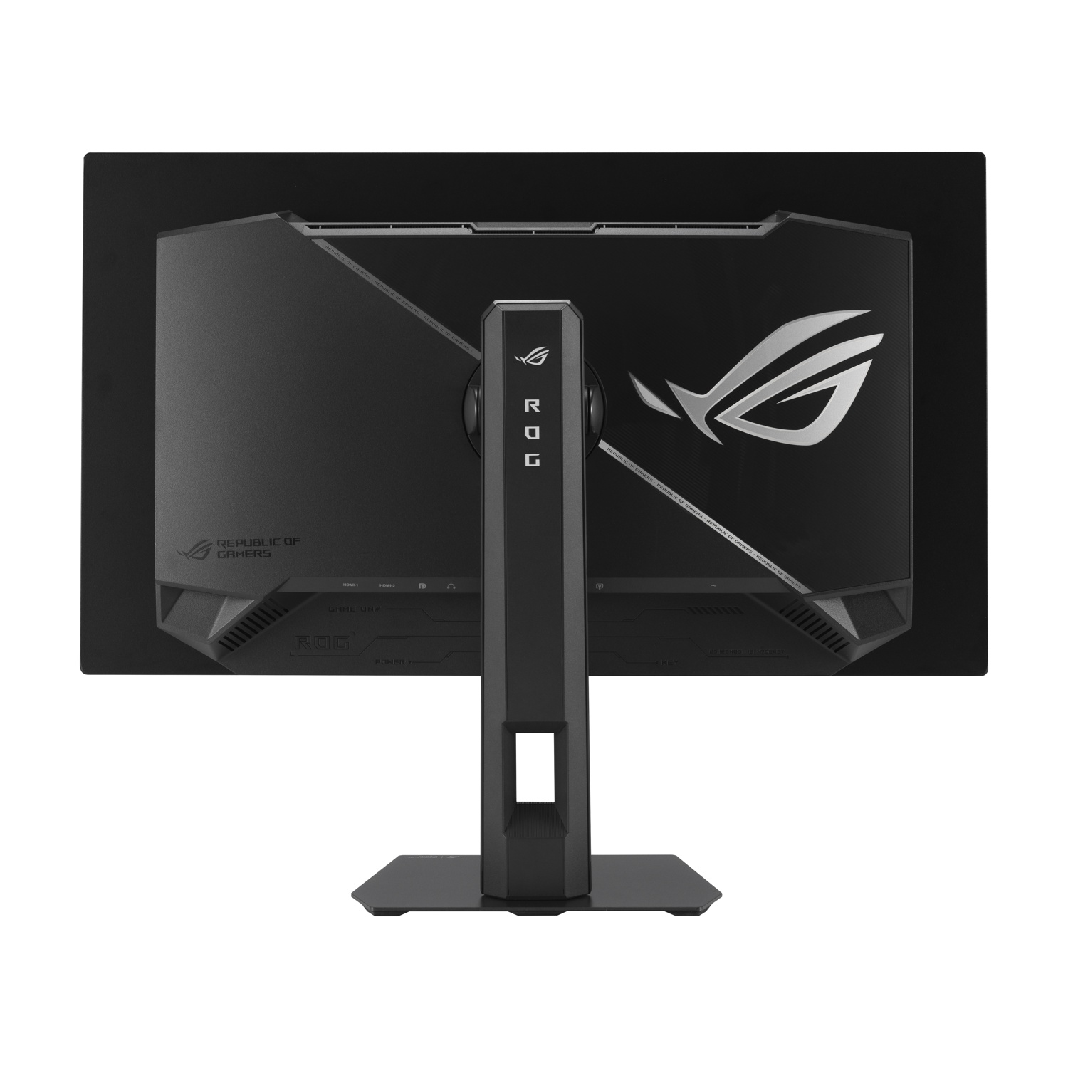 Retro di un monitor da gaming nero con logo ROG e supporto.