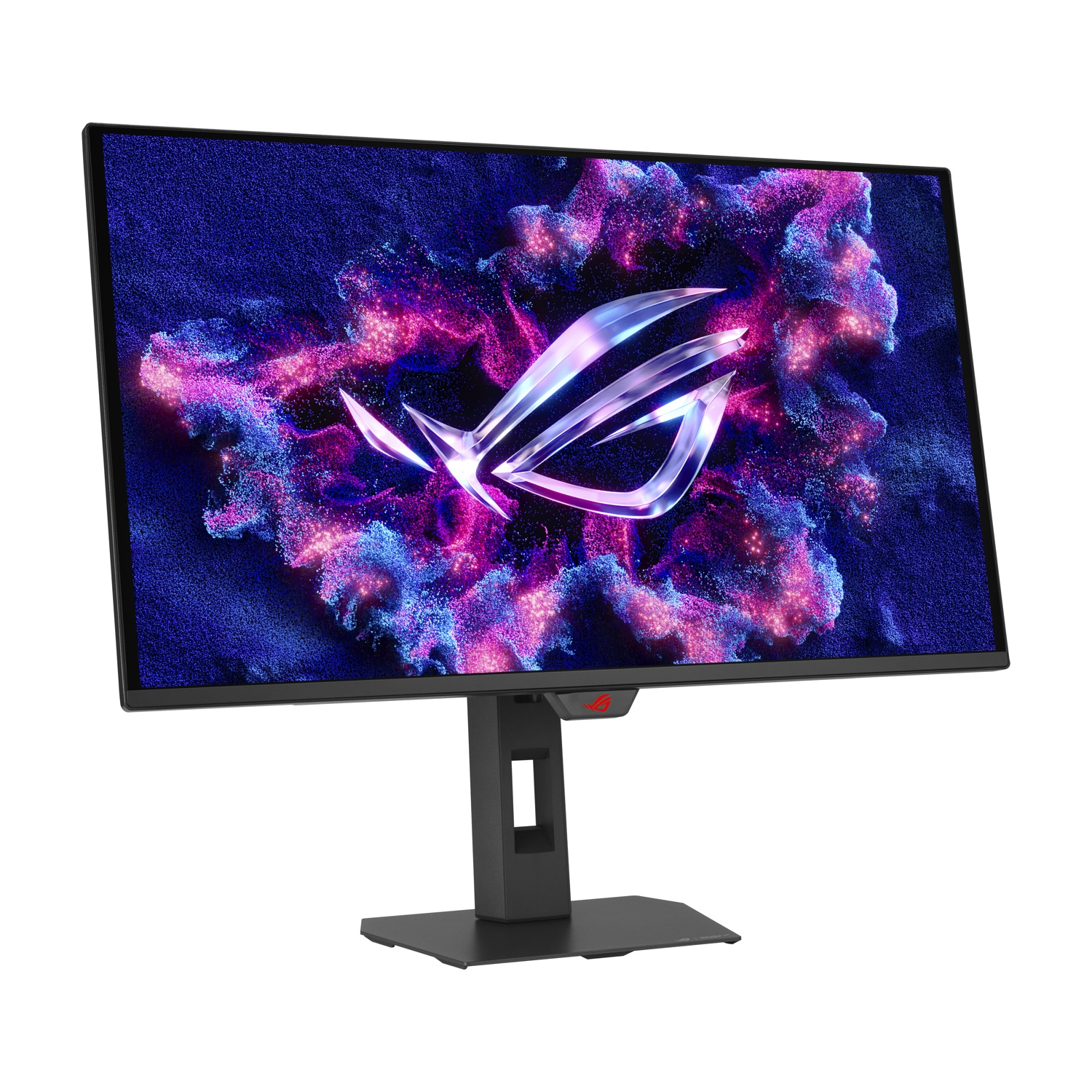 Un monitor mostra un logo metallico luminoso tra particelle vorticose viola e rosa.
