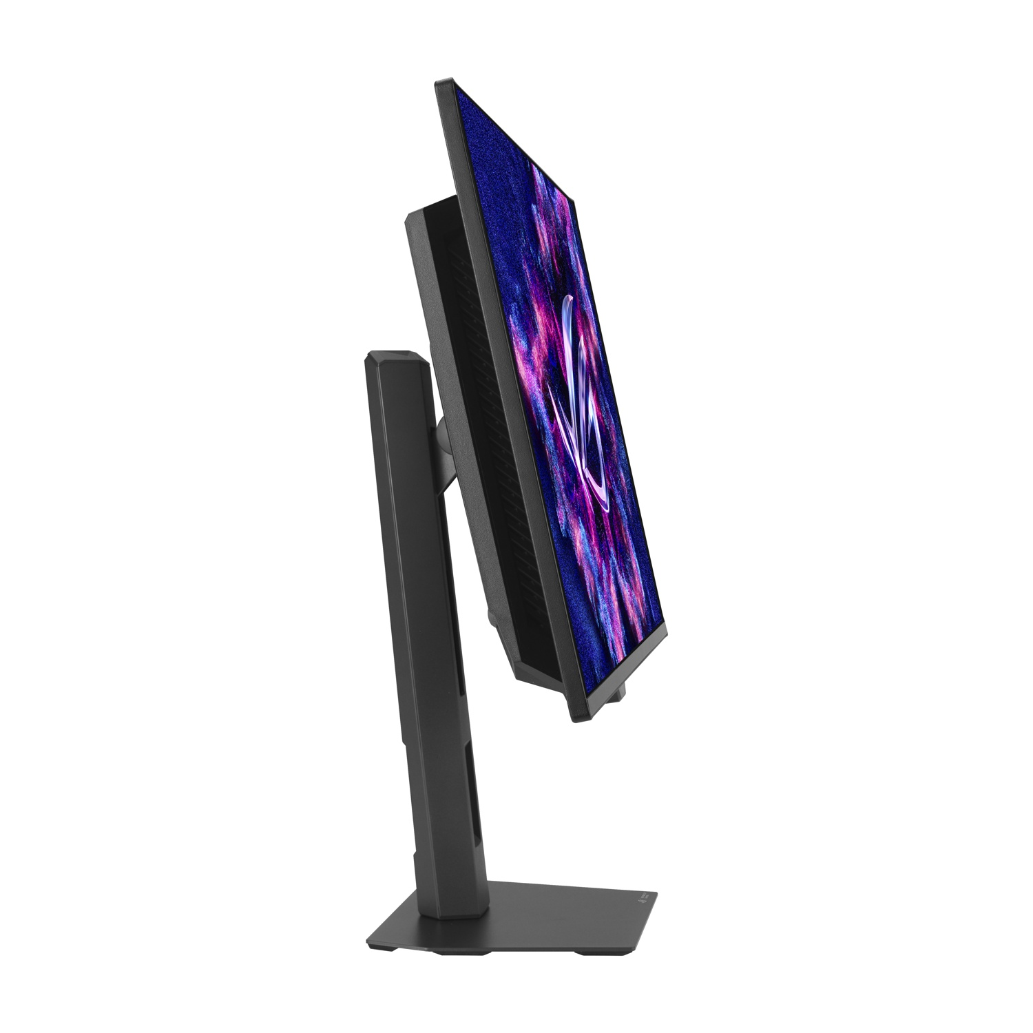 Un monitor nero con un design astratto colorato sullo schermo, su sfondo bianco.