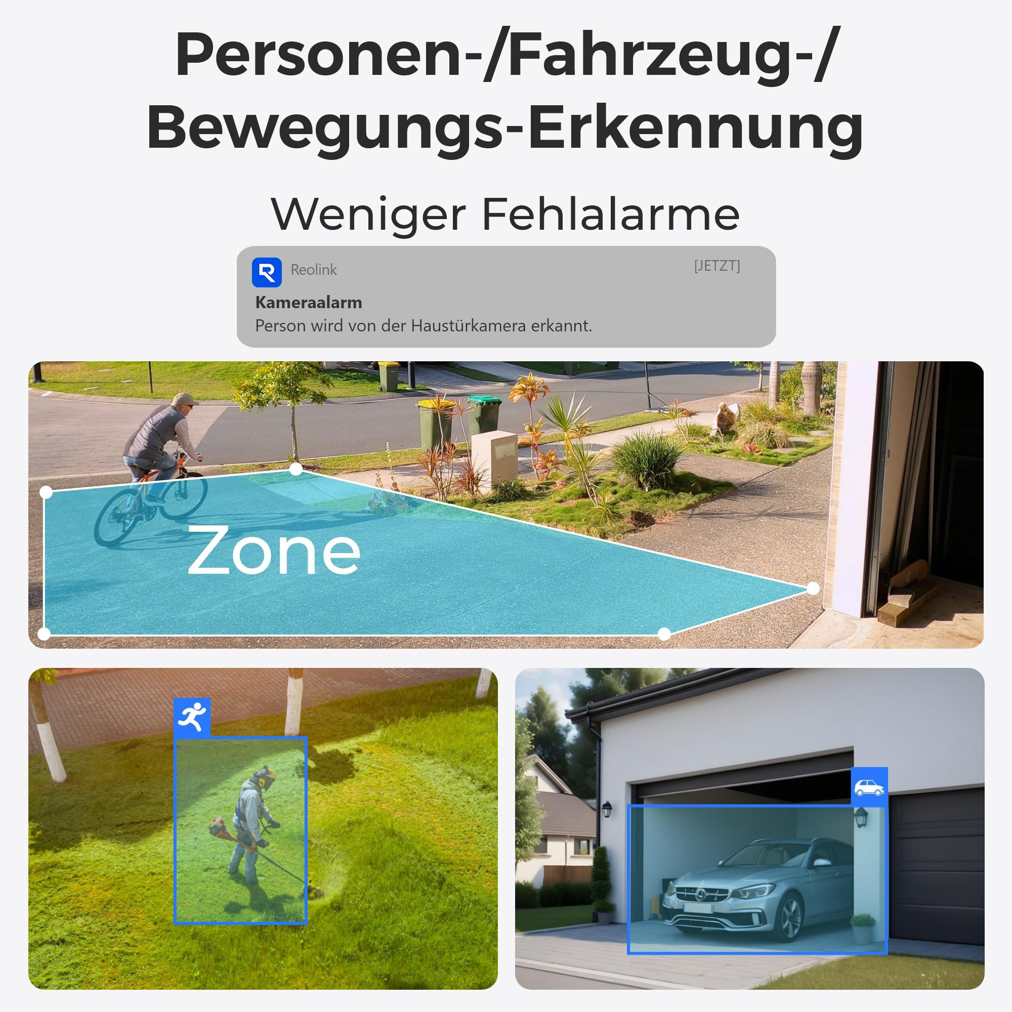 Personen-, Fahrzeug-, Bewegungserkennung mit Zone, Rasenmäher und Auto