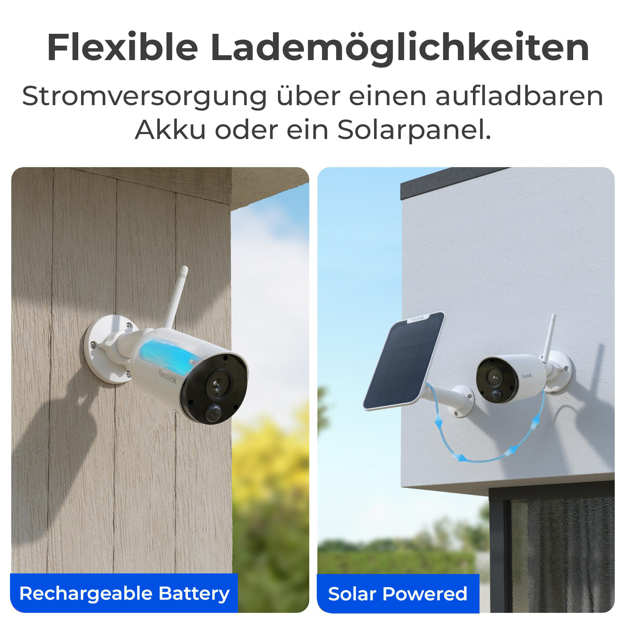 Überwachungskameras mit Akku- oder Solarstromoptionen an Außenwänden.