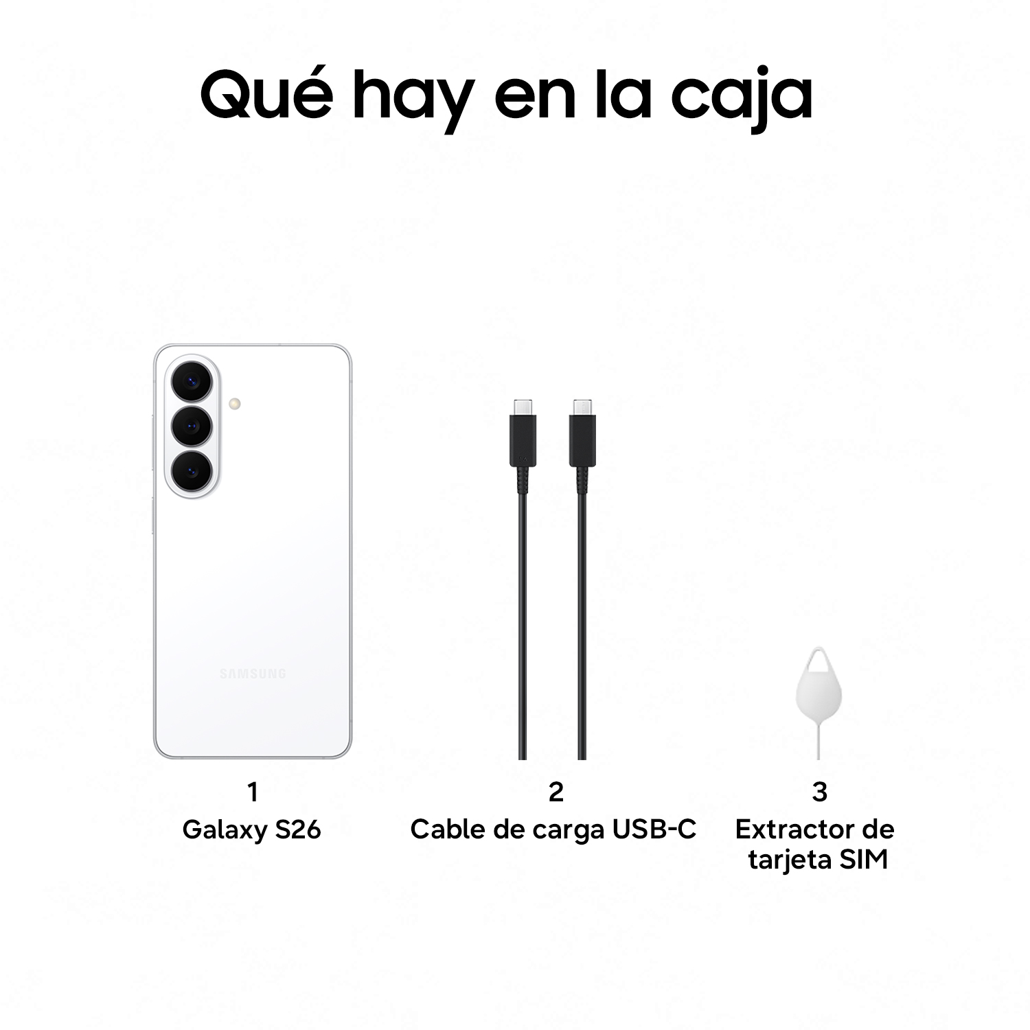 Samsung Galaxy S26 blanco, cable USB-C y herramienta SIM.
