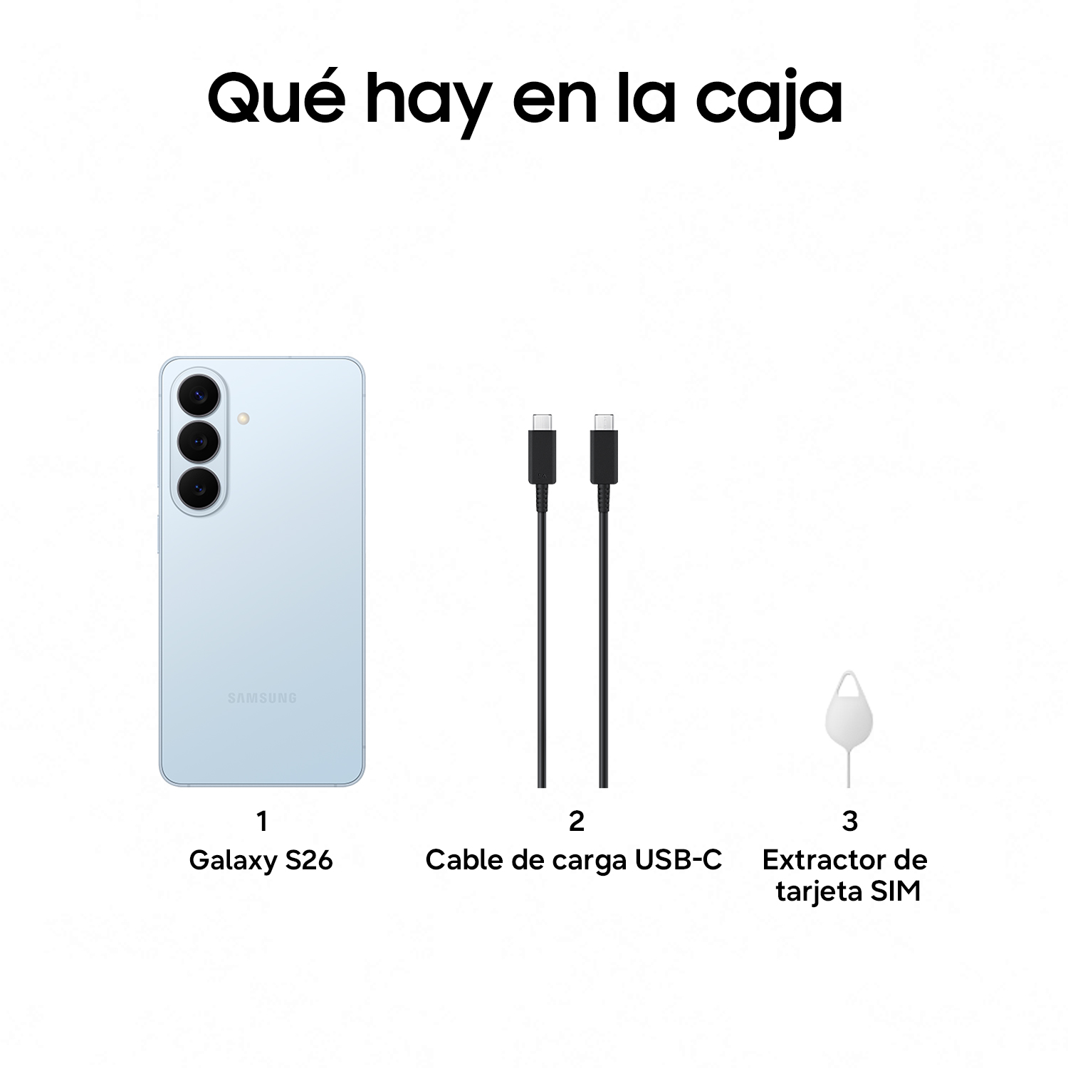 Un Samsung Galaxy S26 azul claro, dos cables USB-C y una herramienta para extraer tarjeta SIM.
