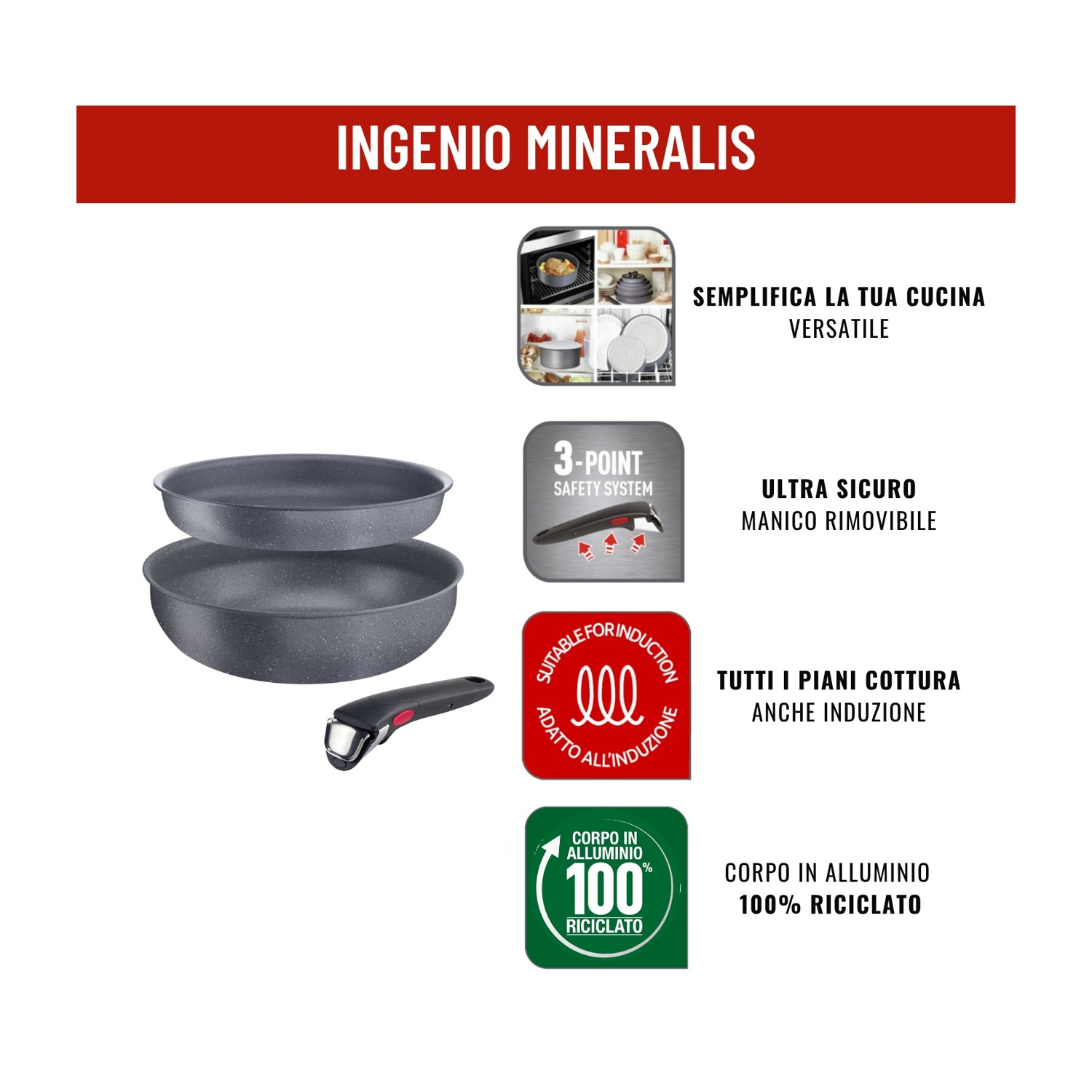 Set di pentole grigie con manico rimovibile e caratteristiche.