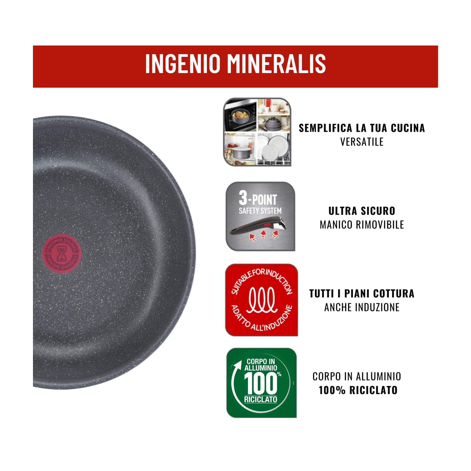 Padella grigia con logo Thermo-Signal, sistema sicurezza 3 punti e simbolo induzione.