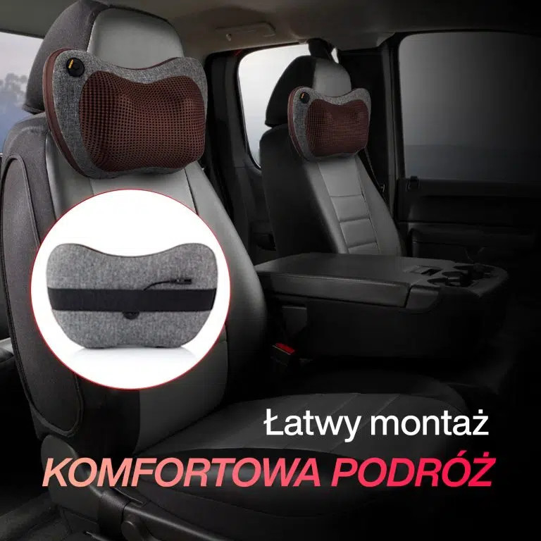 Szare i brązowe poduszki na kark z funkcją masażu na fotelach samochodowych.