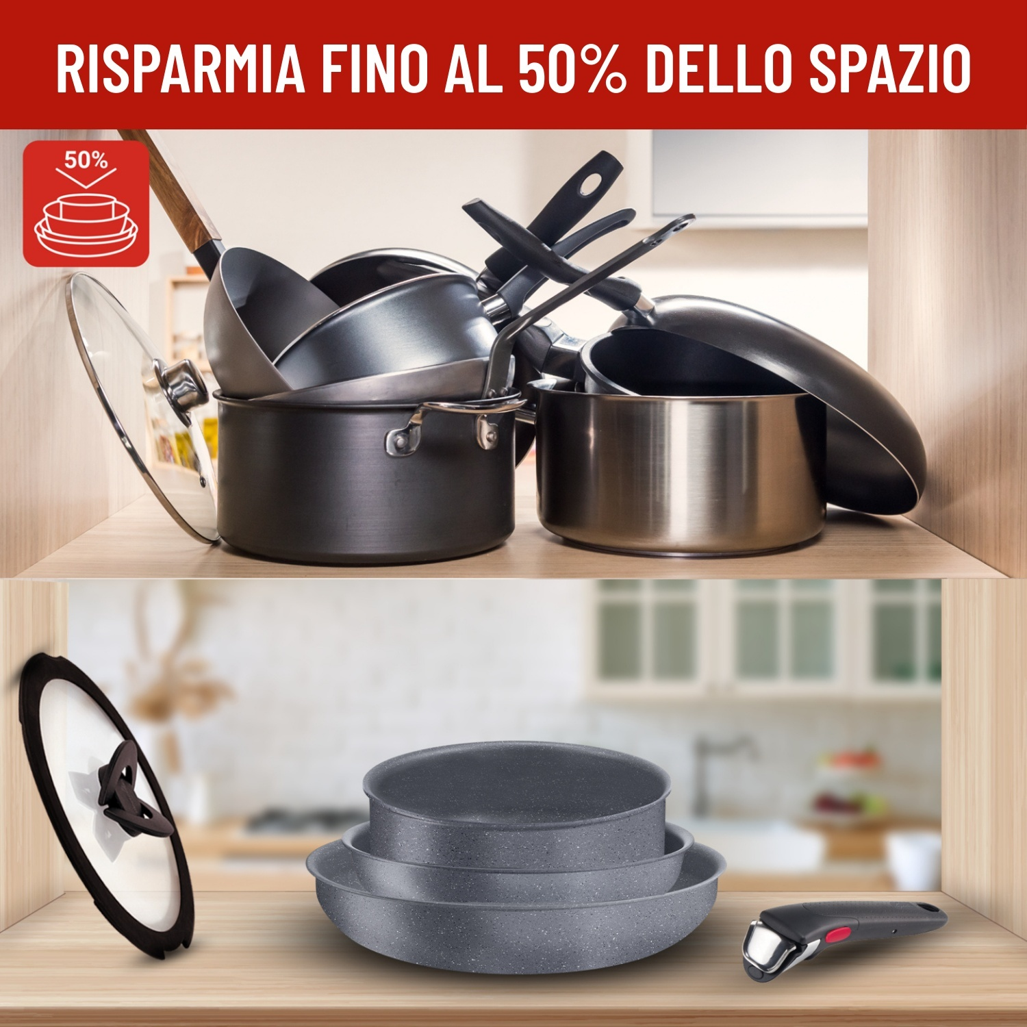 Utensili da cucina su due scaffali. In alto pentole e padelle impilate, in basso padelle e un manico.