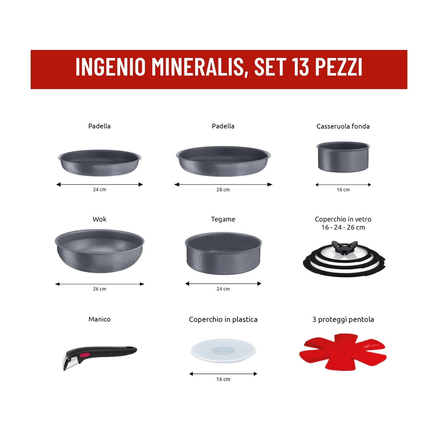 Set di pentole: padelle, wok, casseruola, coperchi, manico e proteggi pentola.