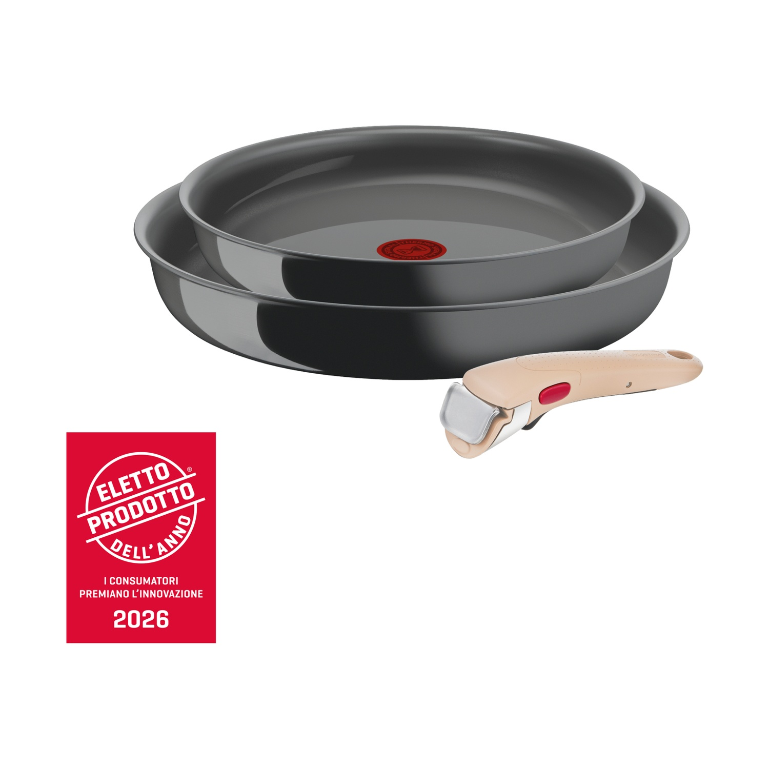 Due padelle grigie impilate, con manico beige staccabile e sigillo rosso premio.