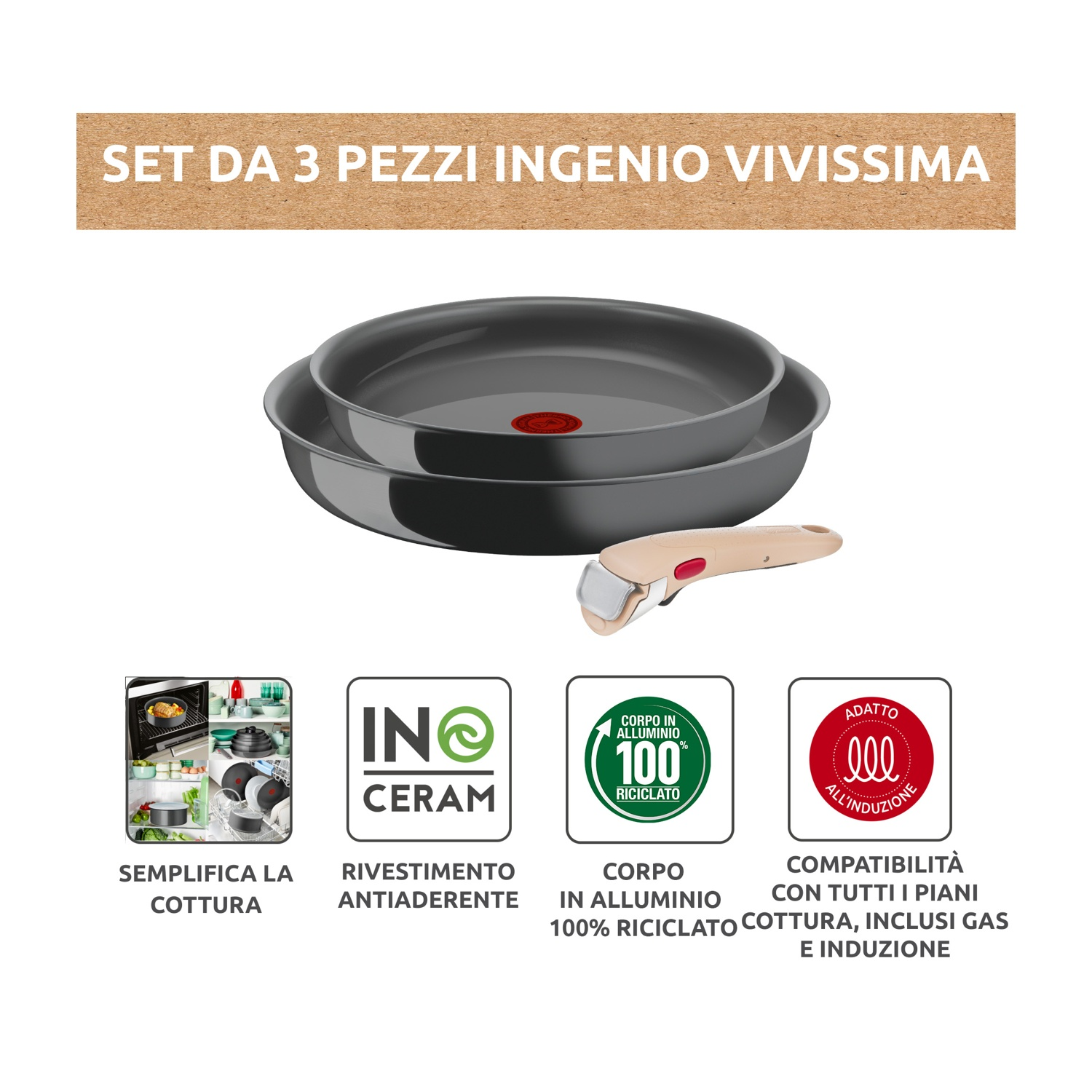 Set di 3 padelle con manico rimovibile. Padelle grigie con accenti rossi.