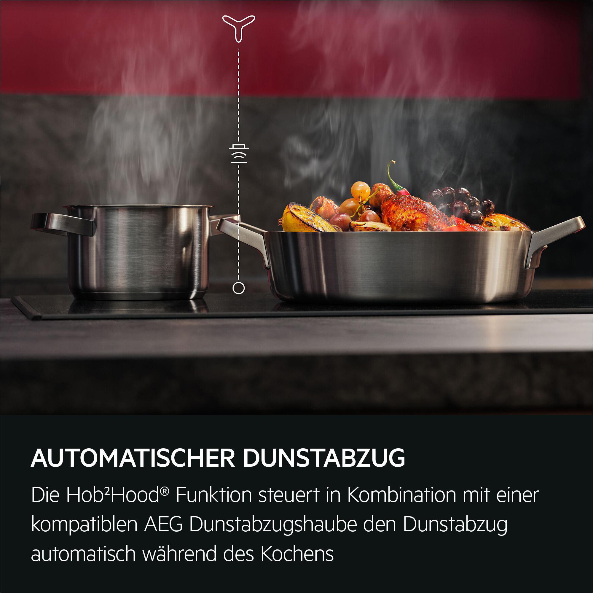 Zwei Kochtöpfe auf einem Induktionskochfeld mit Dampf.