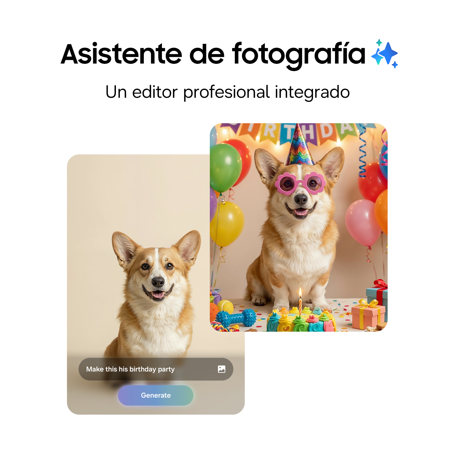 Un corgi con gorro y gafas de cumpleaños está sentado ante un pastel. Hay globos al fondo.
