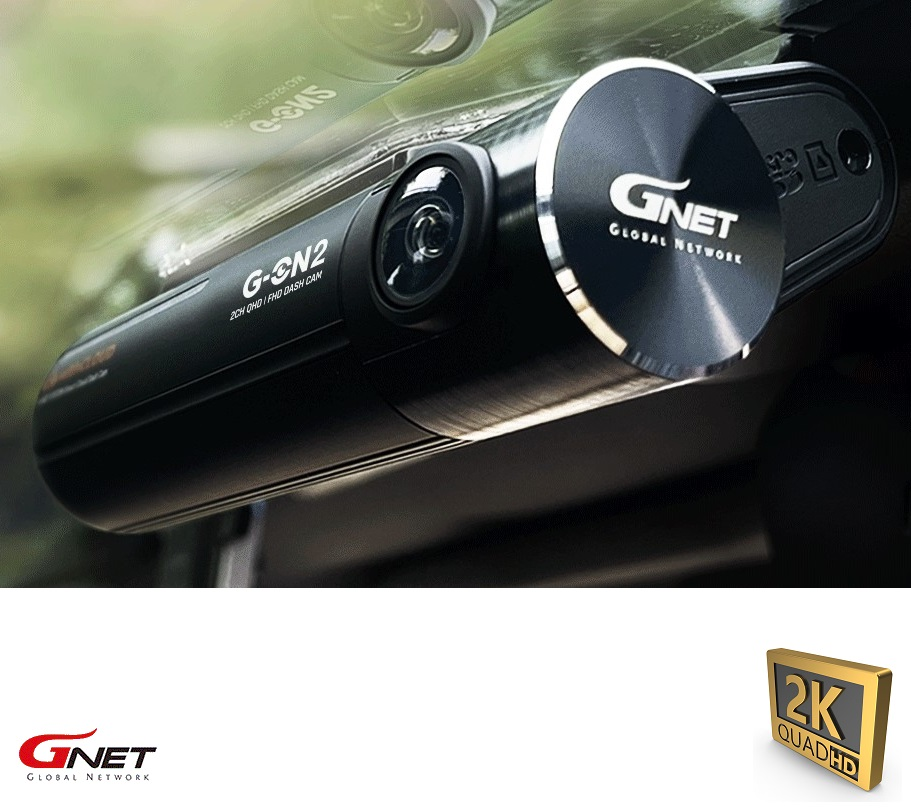 2K QUAD HD özellikli siyah bir GNET G-CN2 araç kamerası, bir araba ön camına monte edilmiştir.