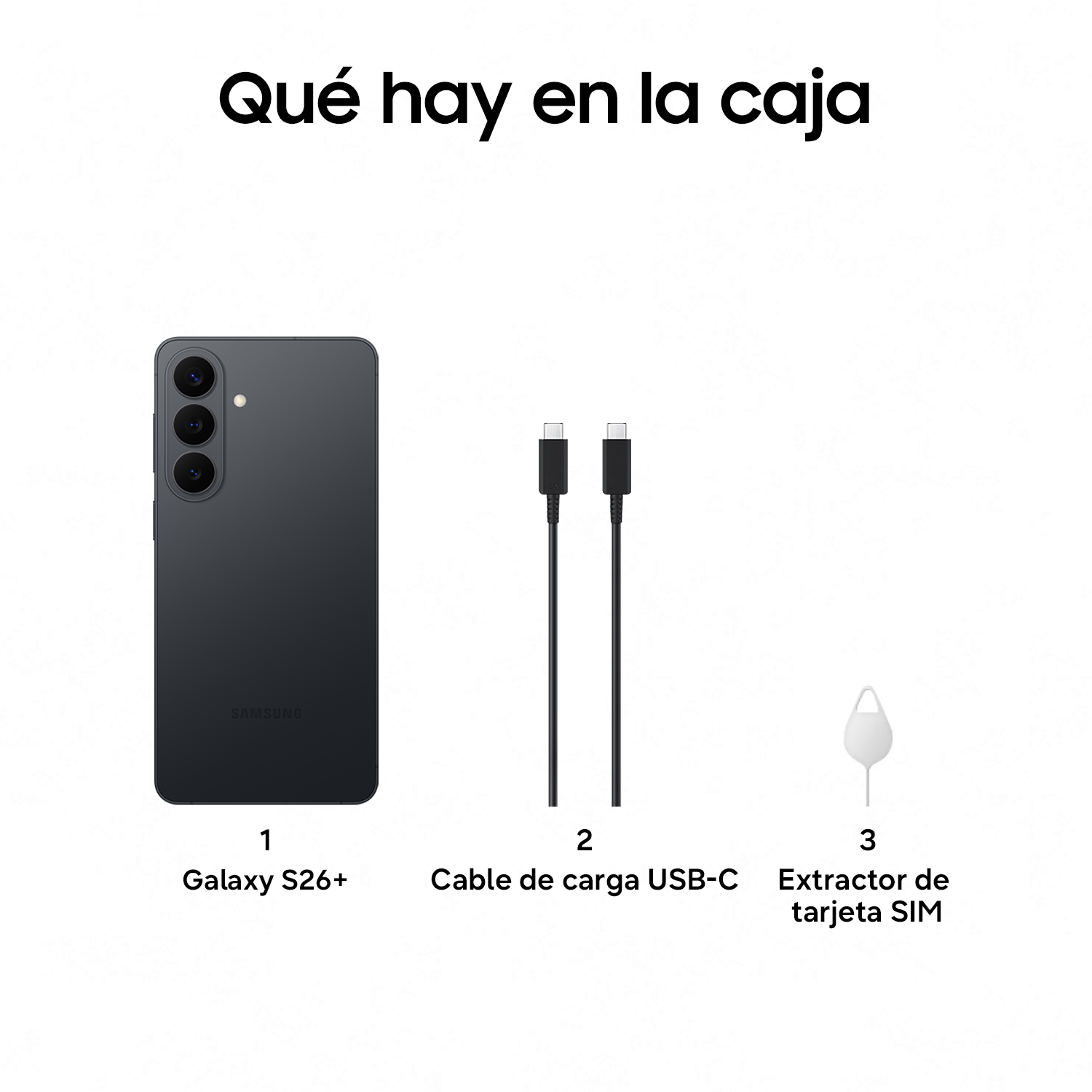 Un Samsung Galaxy S26+ negro con dos cables USB-C y un extractor de tarjeta SIM.