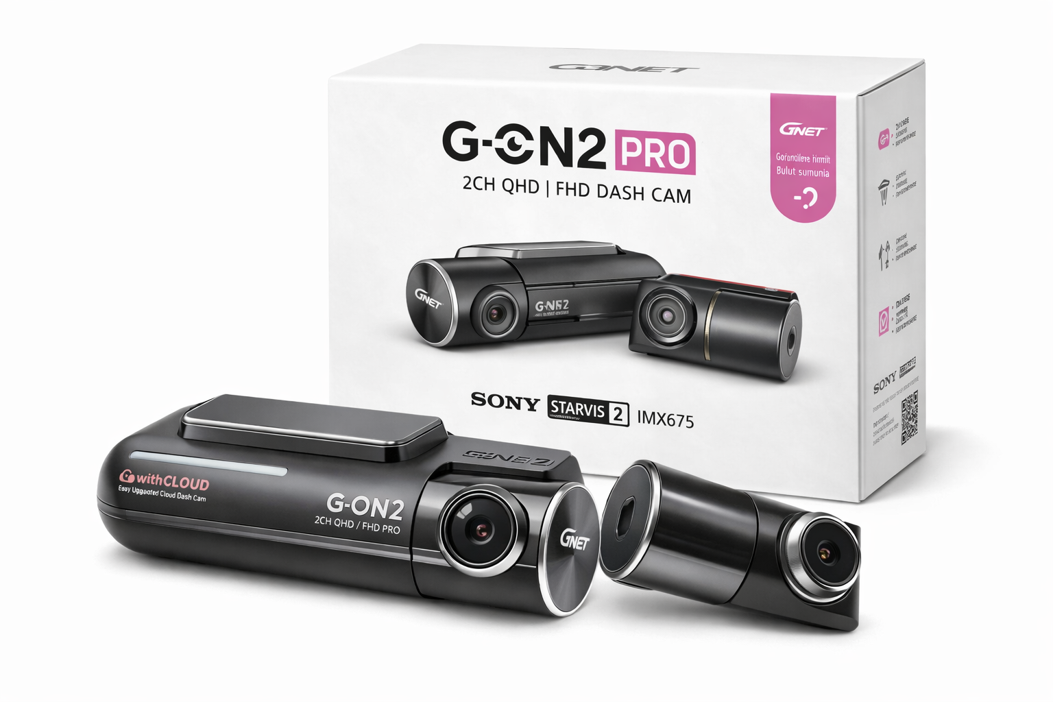Beyaz arka plan üzerinde kutusu ve aksesuarlarıyla G-ON2 PRO 2CH QHD/FHD araç kamerası seti.