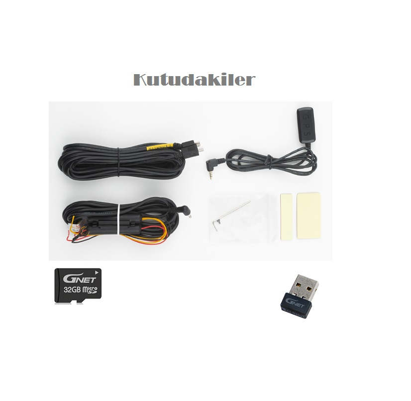 İki siyah kablo, bir GPS modülü, bir microSD kart ve bir USB dongle.