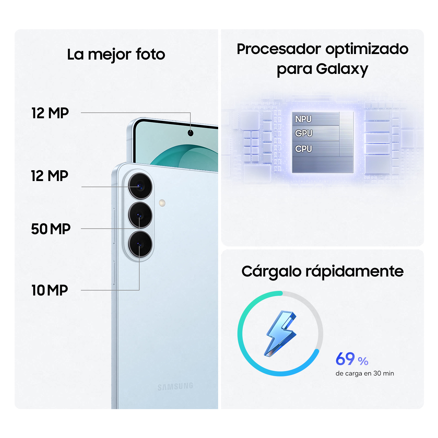 Teléfono Samsung con cámaras de 12, 12, 50, 10 MP. Procesador optimizado y 69% carga.