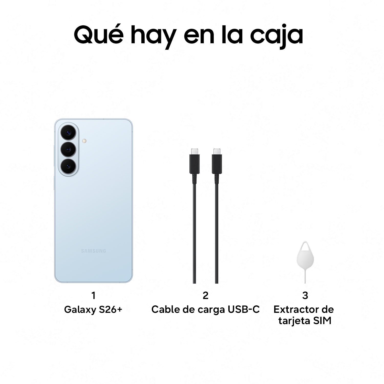 Un Samsung Galaxy S26+ azul claro con cable de carga y extractor de SIM.