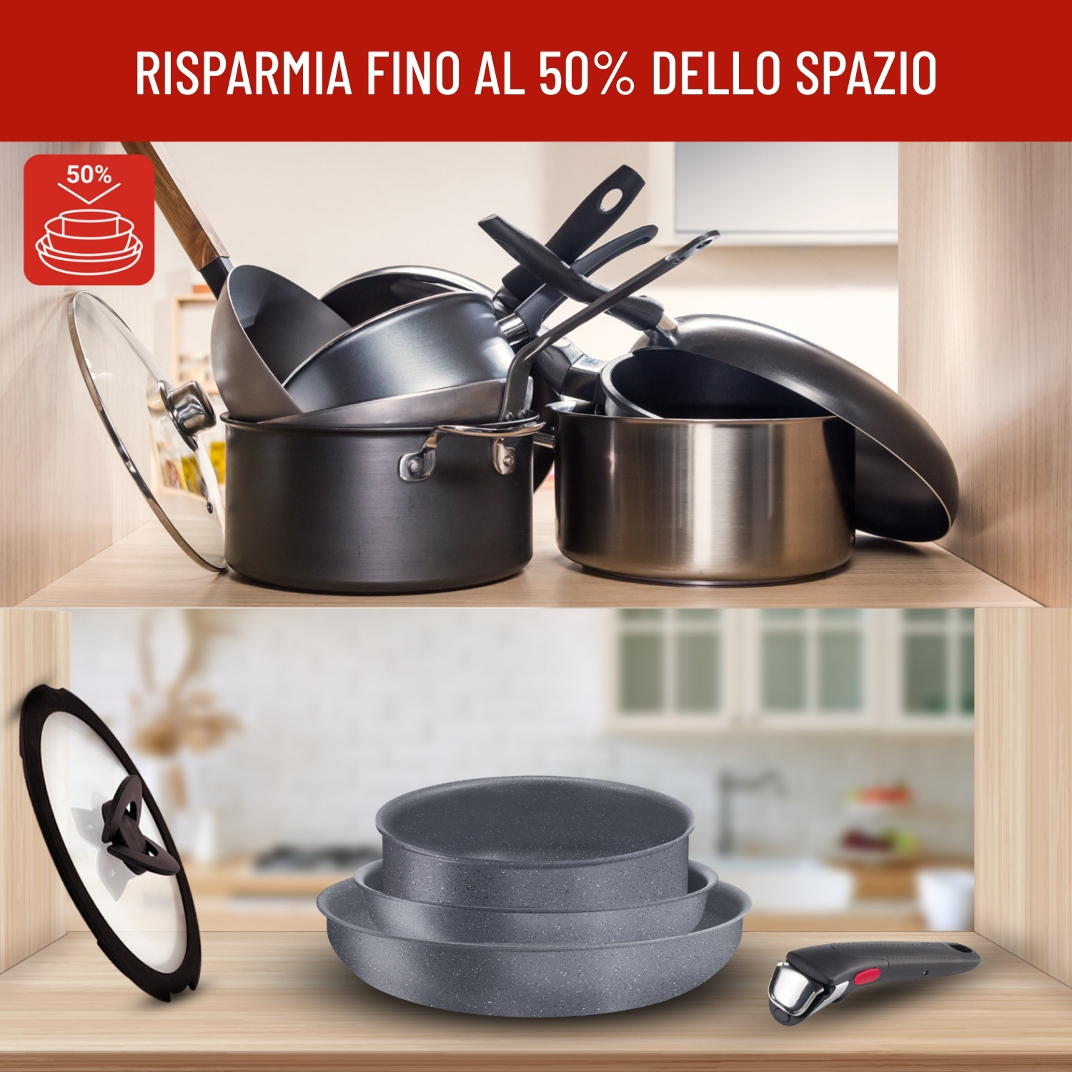 Stoviglie su scaffali: pentole e padelle impilate, mestolo, manico staccabile.