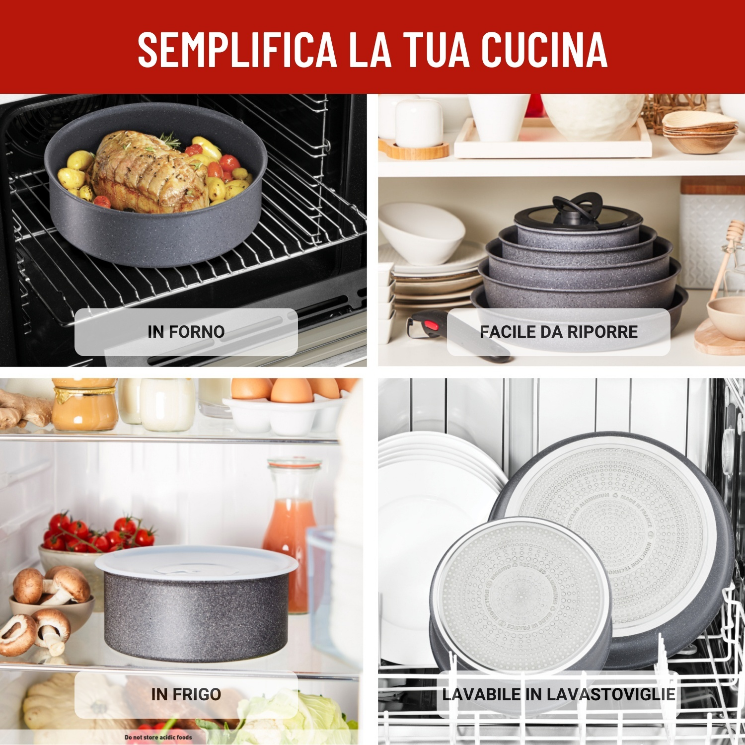 Arrosto nel forno, piatti impilati, cibo in frigo, padelle in lavastoviglie. Semplifica la cucina.