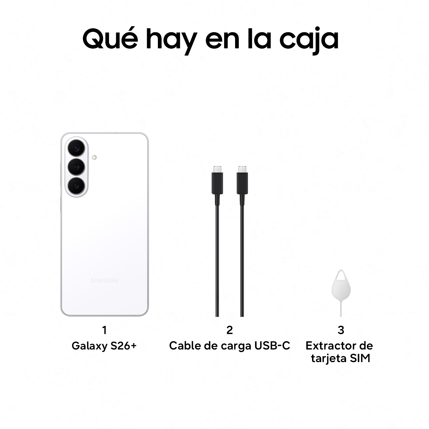 Un Samsung Galaxy S26+ blanco con cable USB-C y herramienta SIM.