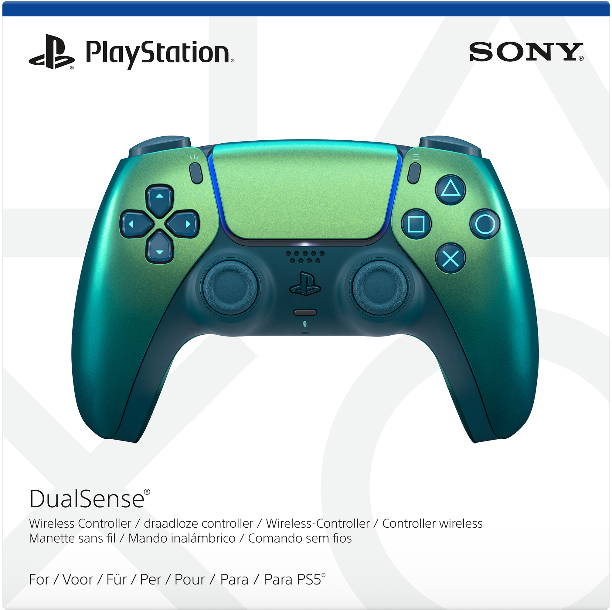 Ein grün-blauer PlayStation DualSense Controller liegt auf einem weißen Hintergrund mit Sony-Logo.
