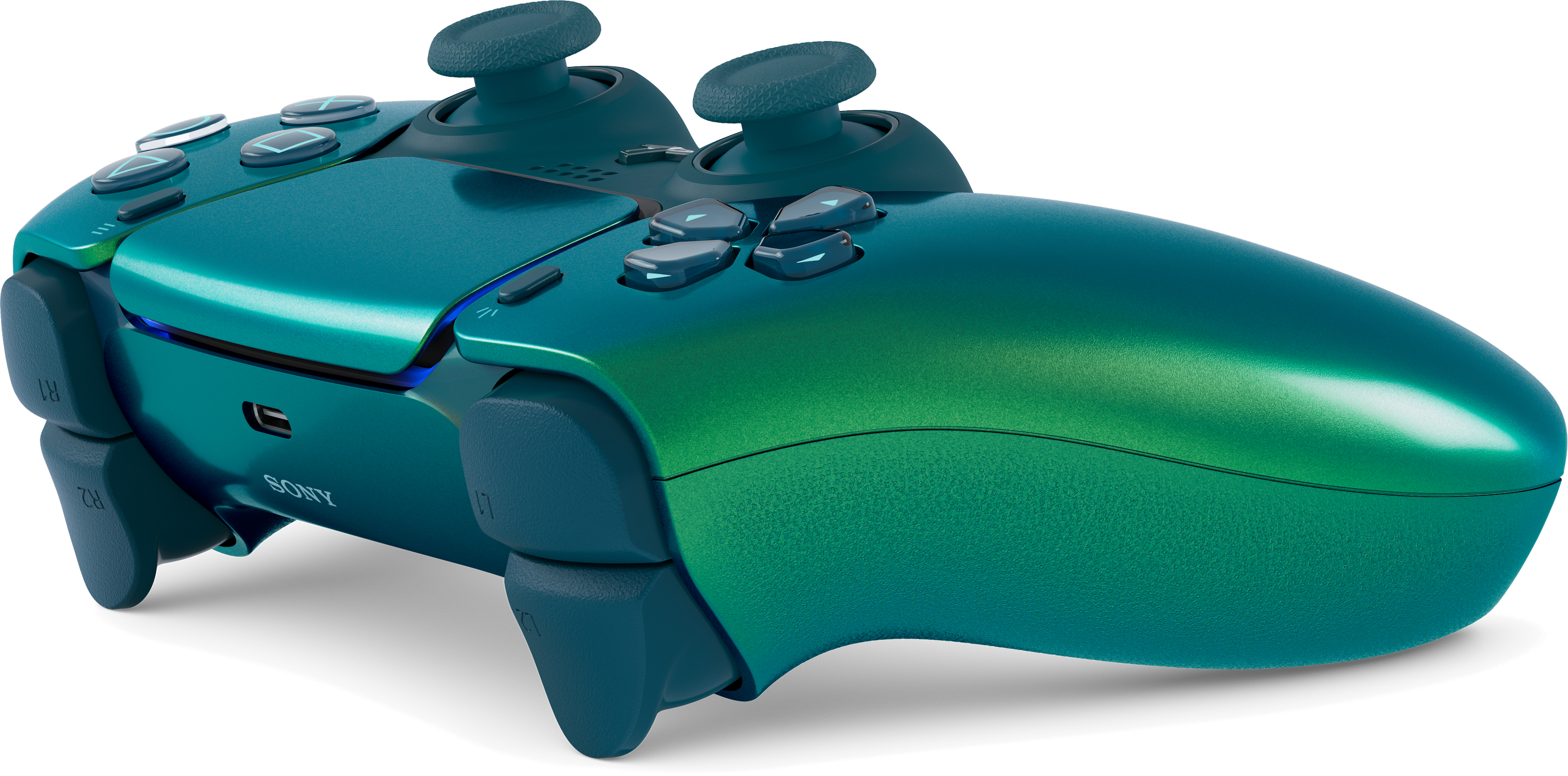Ein türkiser bis grüner Gaming-Controller mit zwei Joysticks und Tasten.