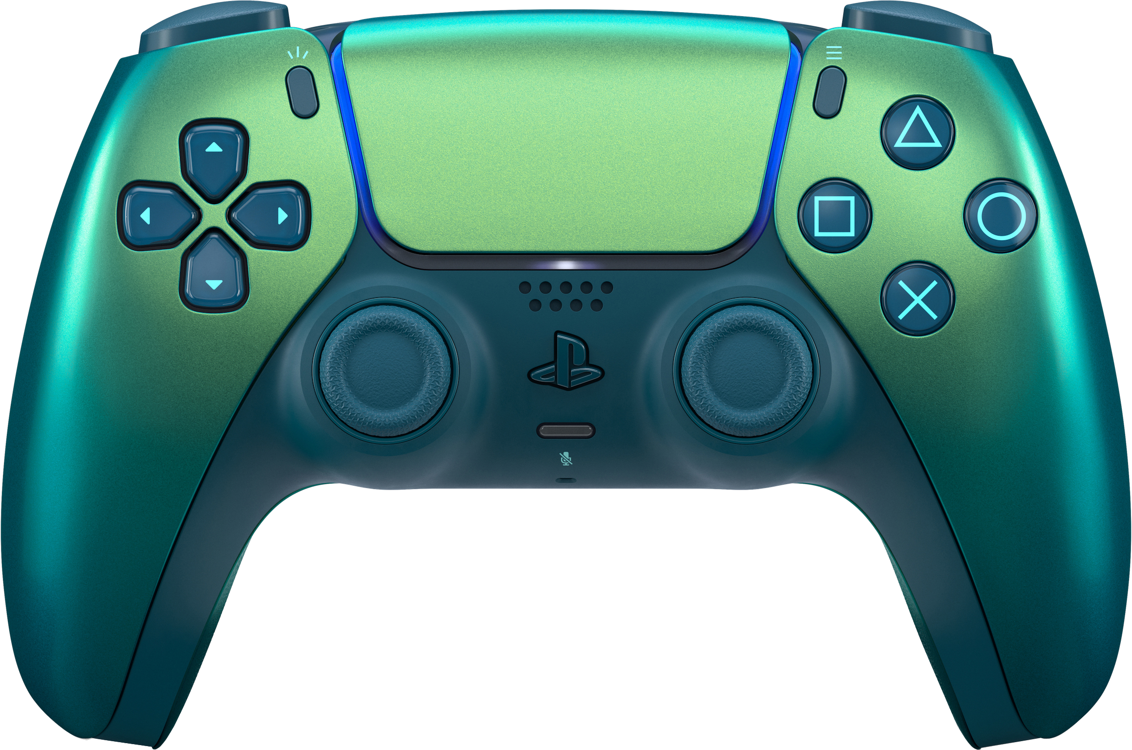 Ein grüner und blauer Gamecontroller mit leuchtenden Tasten auf schwarzem Hintergrund.