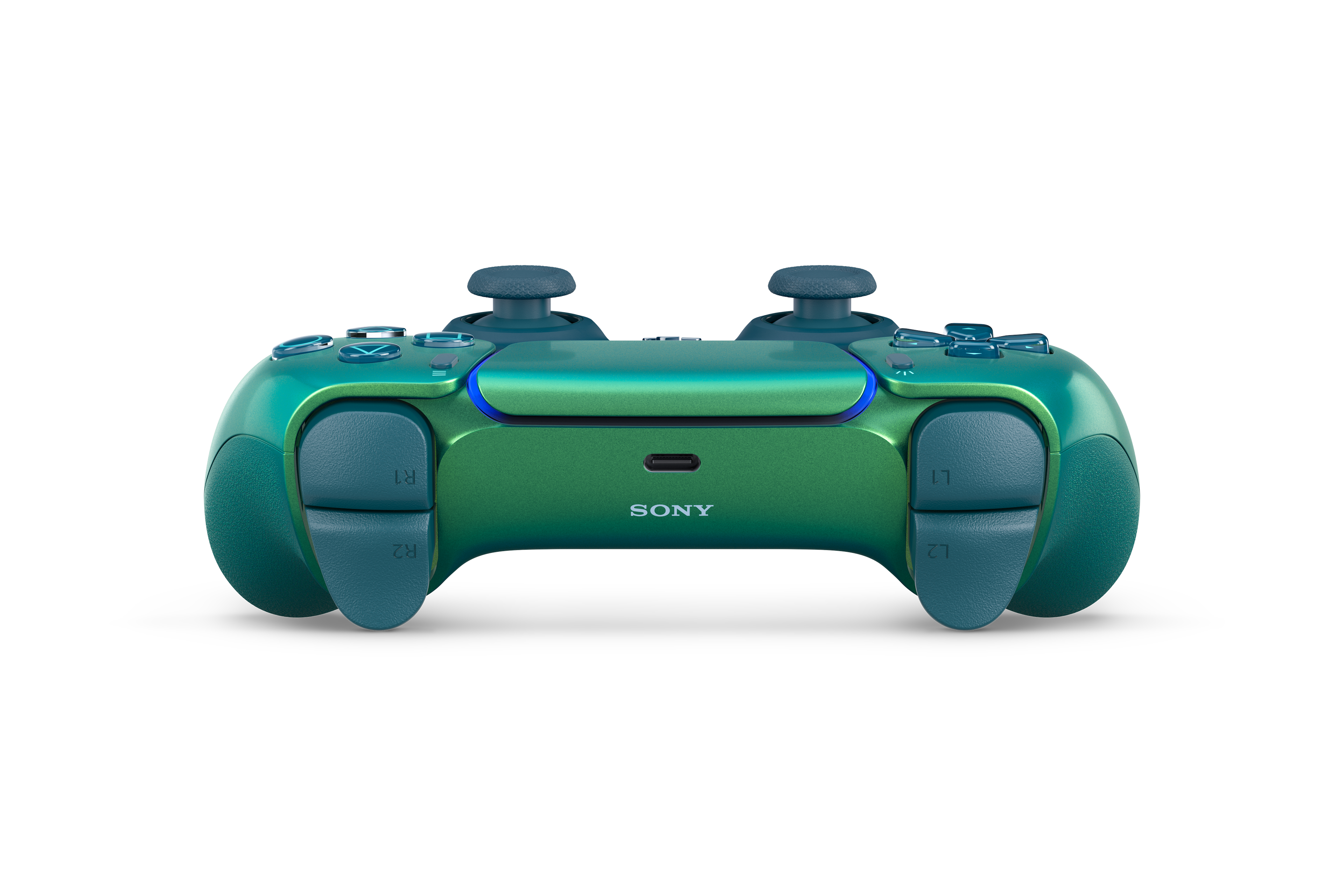 Ein grüner Sony DualSense-Controller mit blauen Akzenten auf weißem Hintergrund.