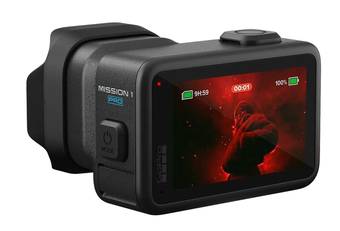 Czarna GoPro z czerwonym ekranem wyświetlającym obraz goryla.