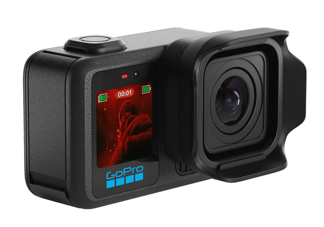 Czarna kamera GoPro z obiektywem i ekranem pokazującym obraz goryla.