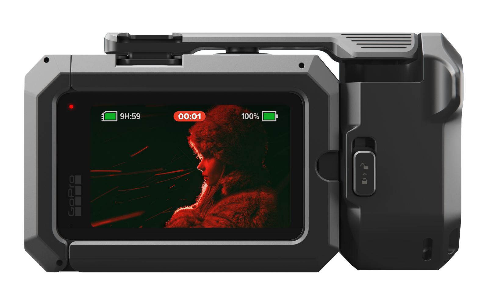GoPro z kobietą w futrze na ekranie, czerwone smugi w tle.