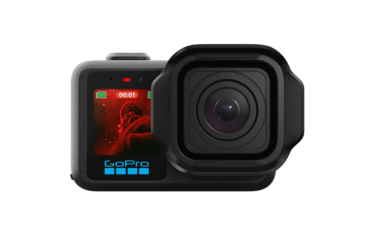 Kamera GoPro z czarną osłoną obiektywu i czerwonym wyświetlaczem.