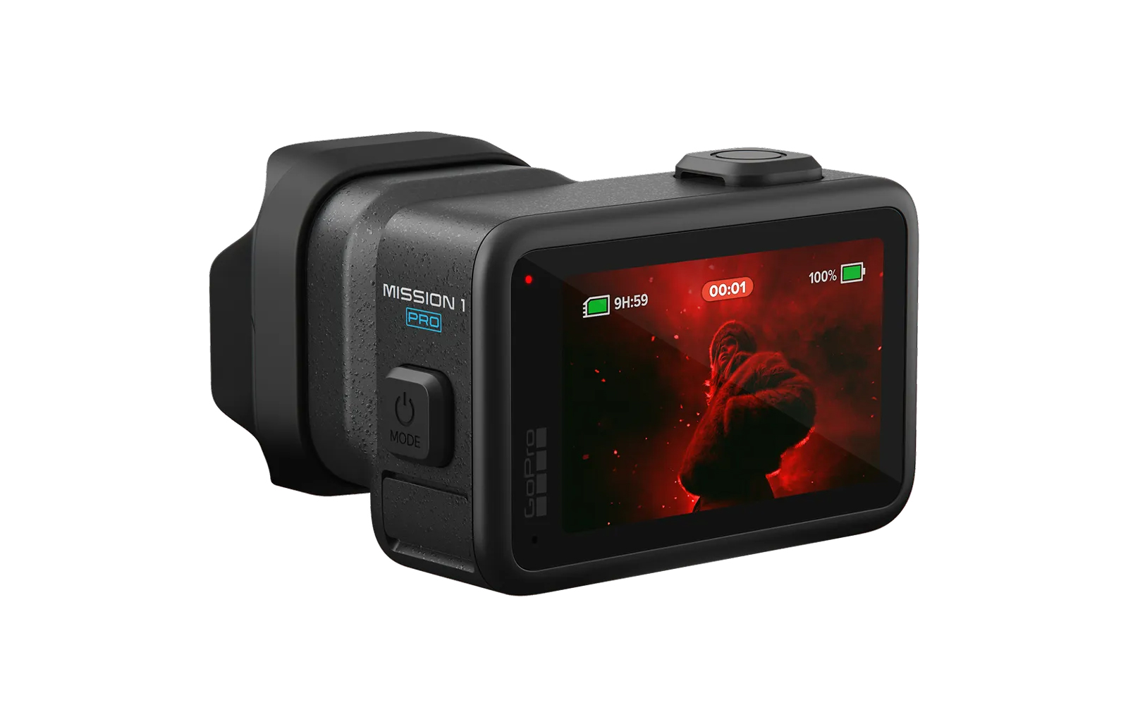 Czarna GoPro z czerwonym ekranem pokazującym goryla. Bateria 9h 59m.