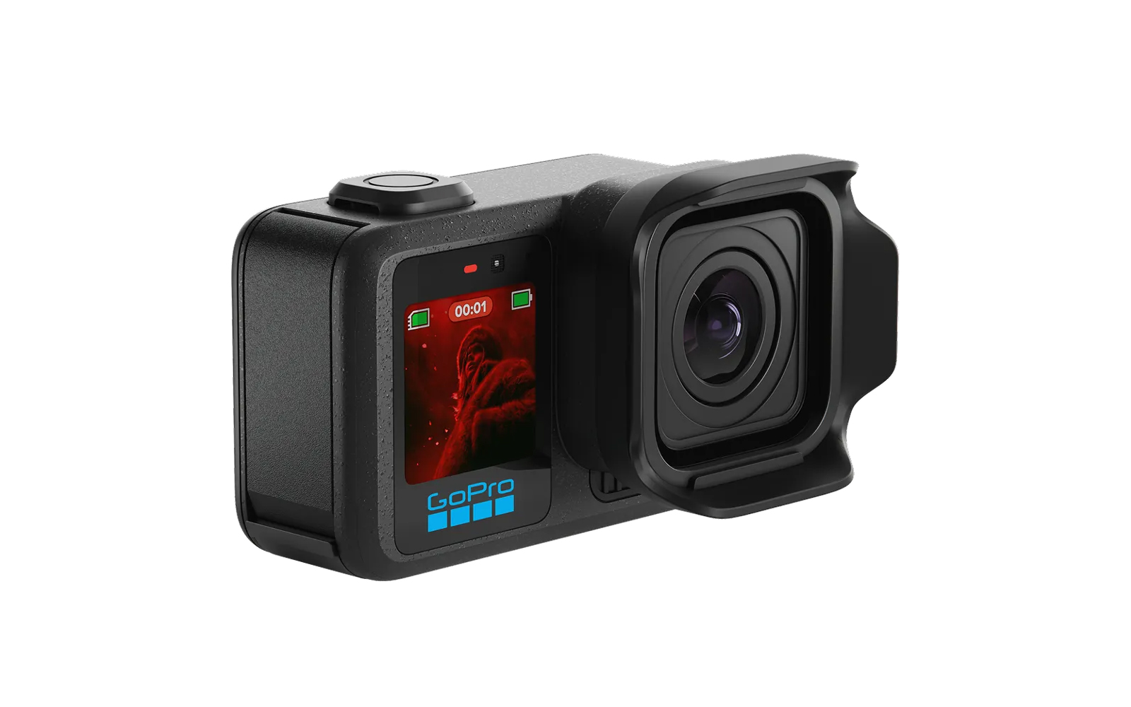 Czarna kamera GoPro z osłoną obiektywu i ekranem pokazującym twarz małpy.