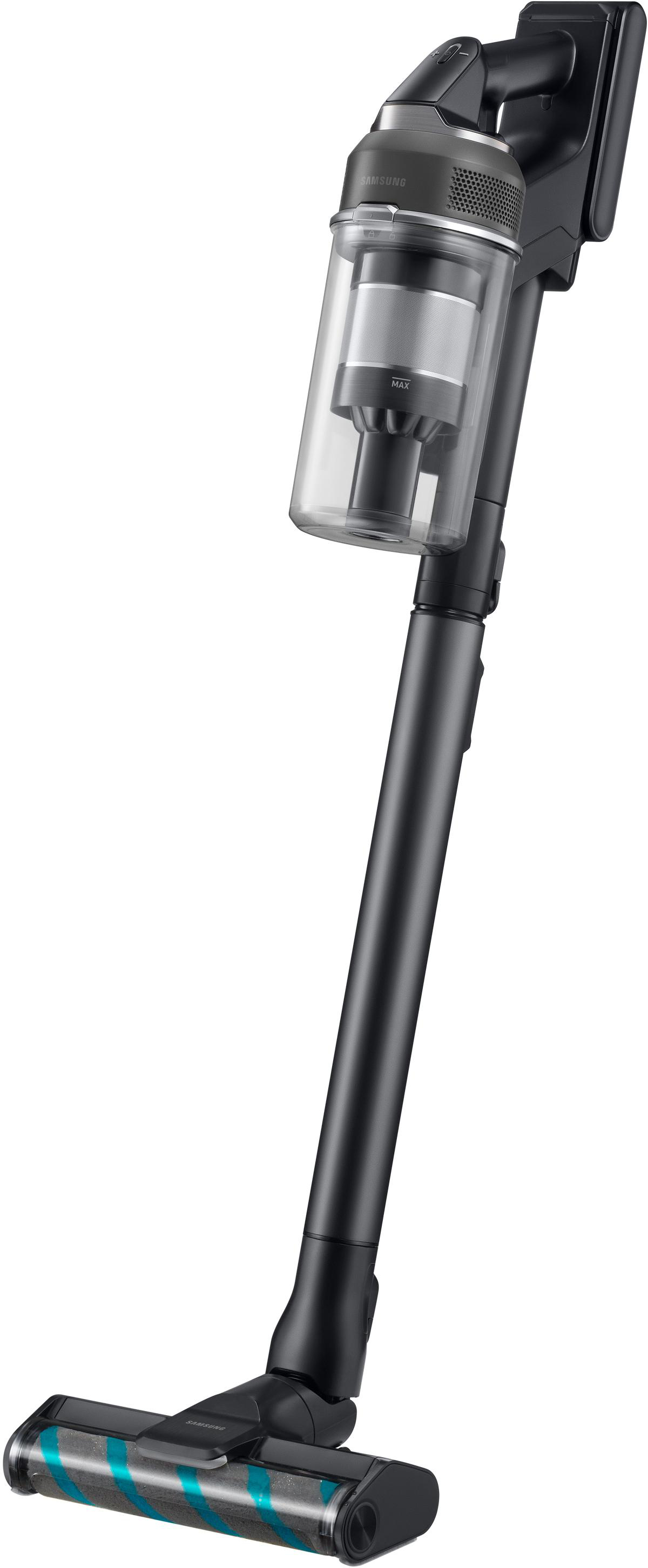 Ein schwarzer Samsung Akku-Staubsauger mit durchsichtigem Staubbehälter und Bürstenkopf.