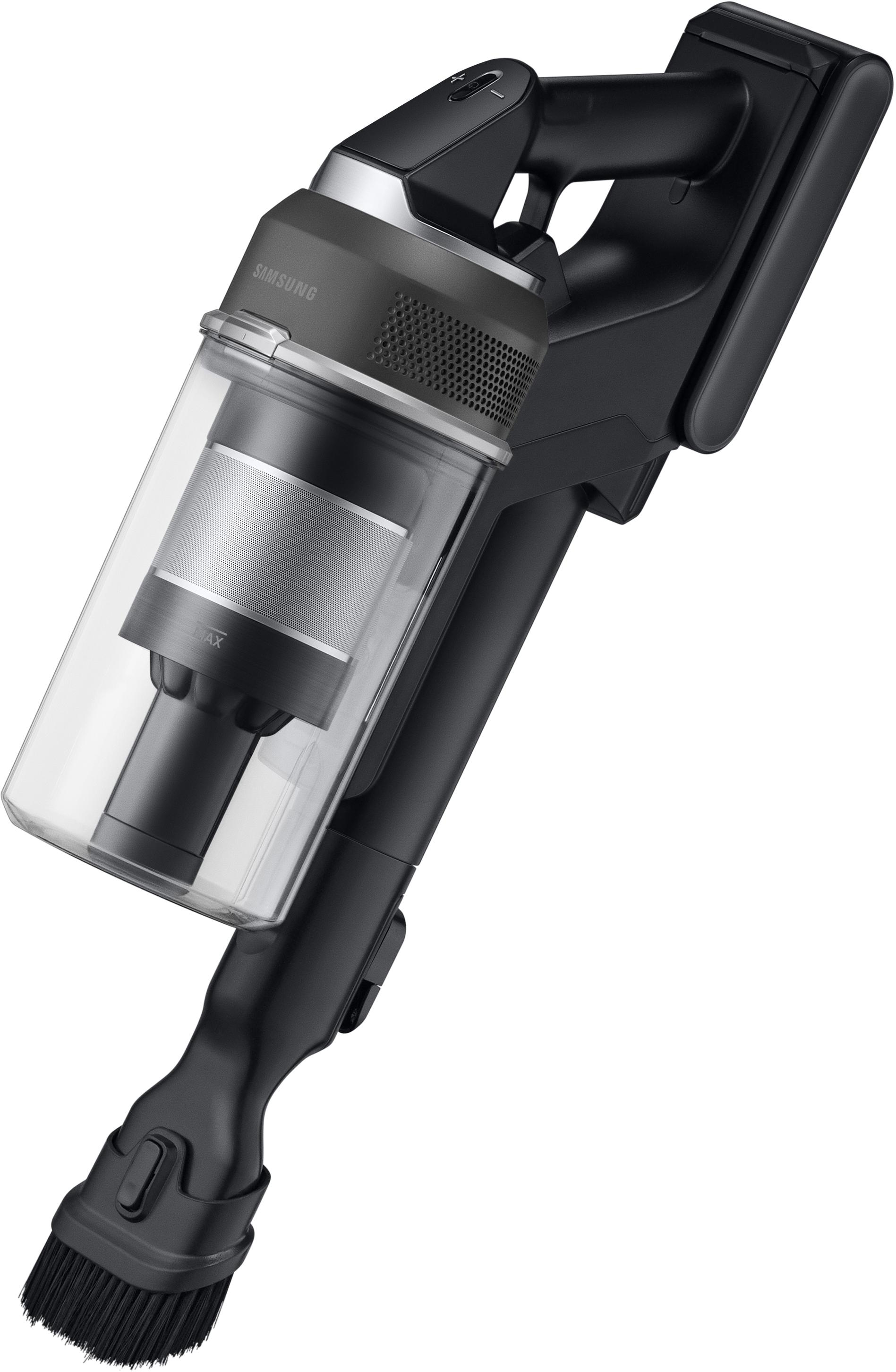 Schwarzer Samsung Akku-Staubsauger mit durchsichtigem Staubbehälter und Bürstenaufsatz.